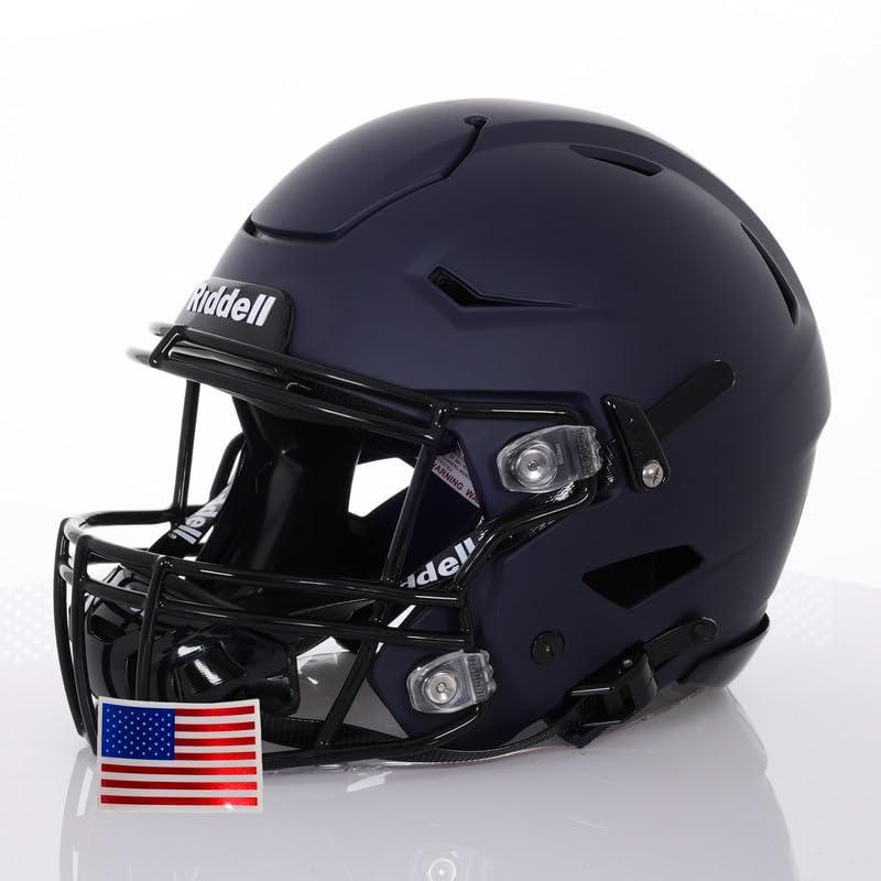 Green Gridiron Green Gridiron - Riddell SpeedFlex Adult w/Black SF-2BD Facemask + Chrome US Helmet Flag Decal (Matte Navy Helmet, Small Helmet)