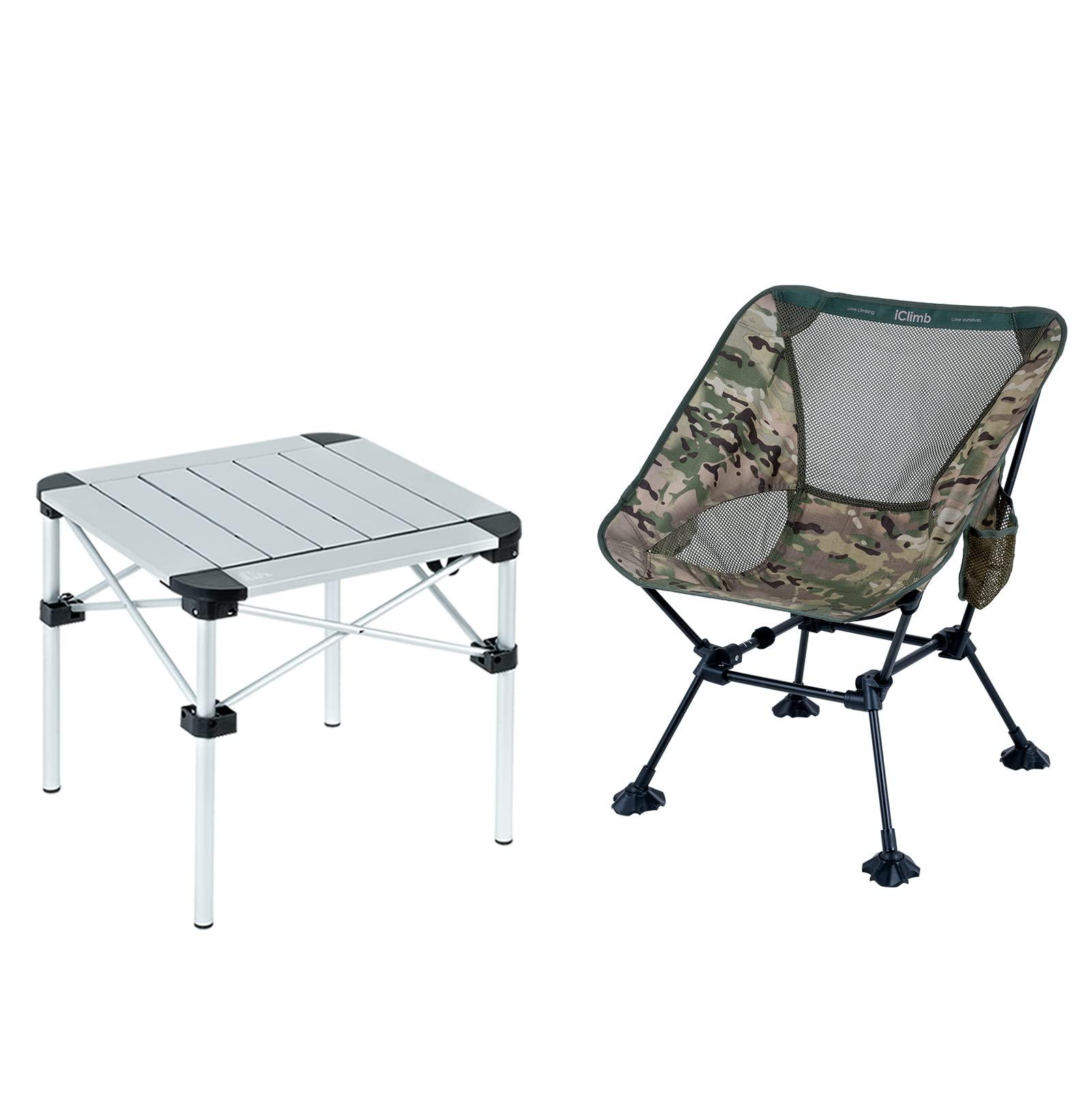 iClimb iClimb 1 Lightweight Stable Folding Square Table and 1 Ultralight Compact Anti-Sinking Large Feet Chair Bundle, for Adult Outdoor Camping Beach Concert