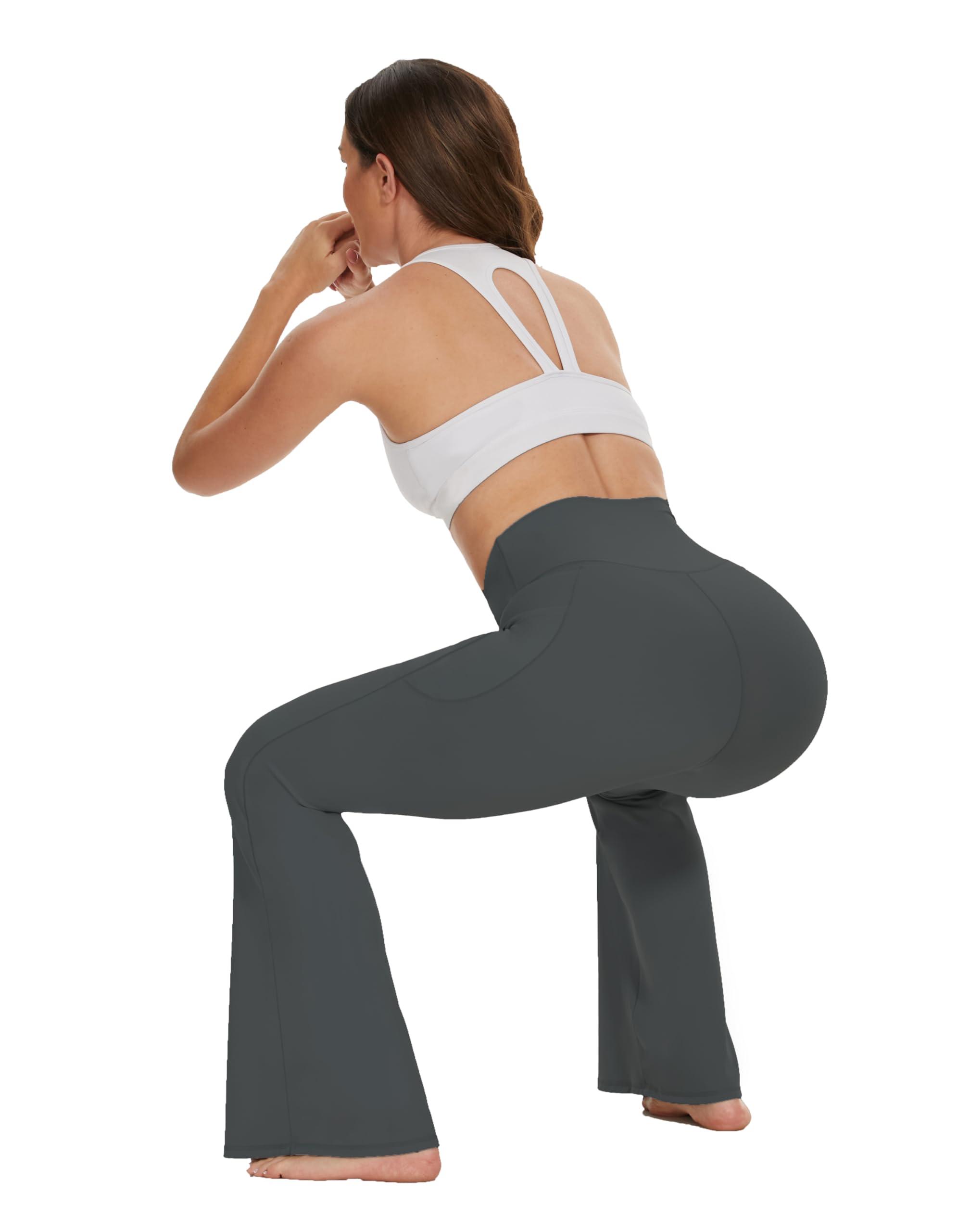 SOOWOT Flare Crossover Leggings with Pockets for Women 32" High Waisted V Cross Wide Leg Yoga Pants Tummy Control Bootcut Workout Gym Dark Grey S