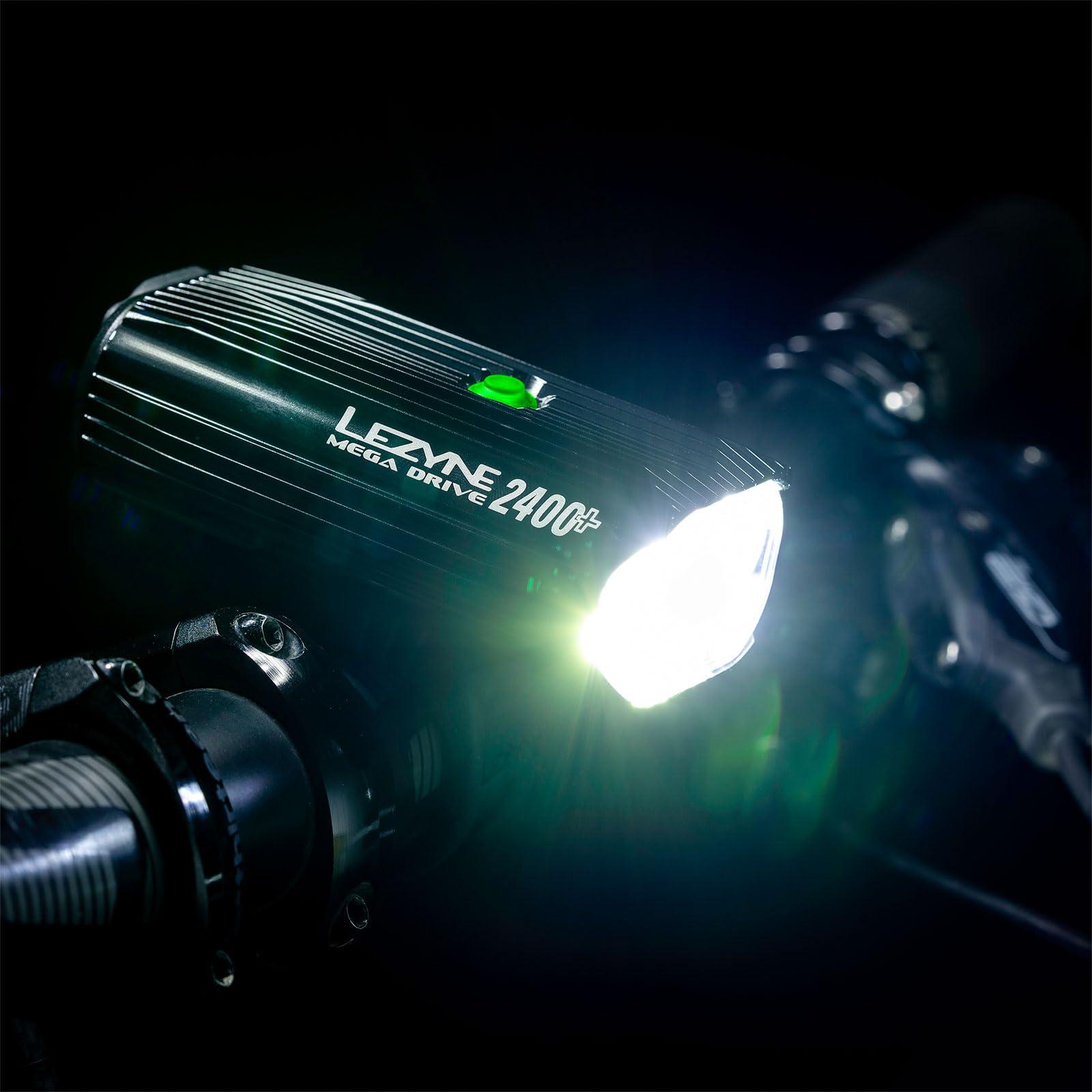 LEZYNE LEZYNE Mega Drive Bicycle USB-C Rechargeable IPX7 White LED Front Light with Multiple Solid & Flash Modes | Integrated Silicone Rubber Strap Mount | 2400 Lumens, Black Gloss