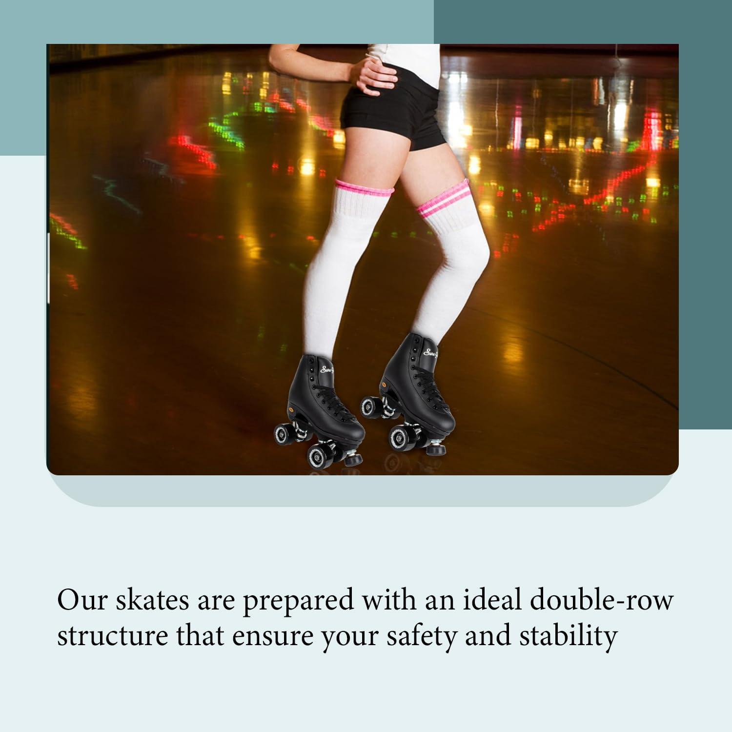 Sure-Grip Sure Grip Fame Men & Women Premium Roller Skates Black Leatherette | Stylish Skates for Indoors - Double Structure, Stronger Grip, Extra Long Laces - Suitable for Beginners