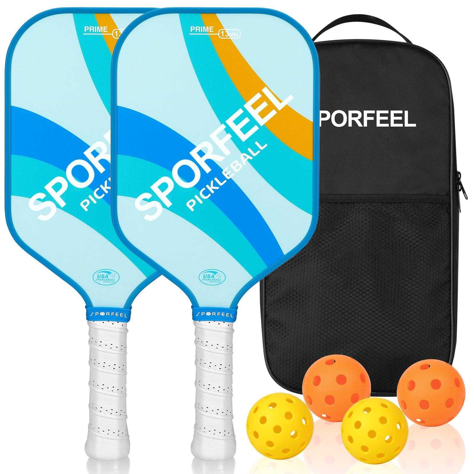 SPORFEEL SPORFEEL Pickleball Paddles, USAPA Approved Fiberglass Pickleball Paddle Sets, Indoor Outdoor Pickle Ball Sports Accessories, Pickle Ball Set for Men Women Beginners, includes 4 Balls and 1 Bag (Blue)
