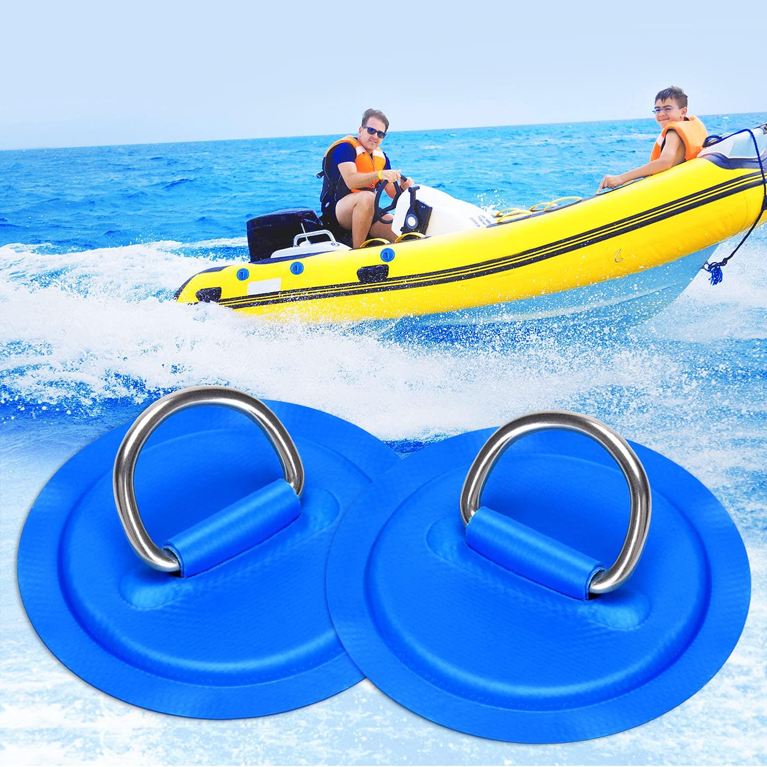 TOBWOLF TOBWOLF 6 Pack 3.15\" / 8cm Stainless Steel D-Ring Patch for Inflatable Boat Kayak Dinghy SUP, Circular D-Ring PVC Pad Stand-Up Paddleboard Canoe Rafting Accessories, NO Glue Included - Blue
