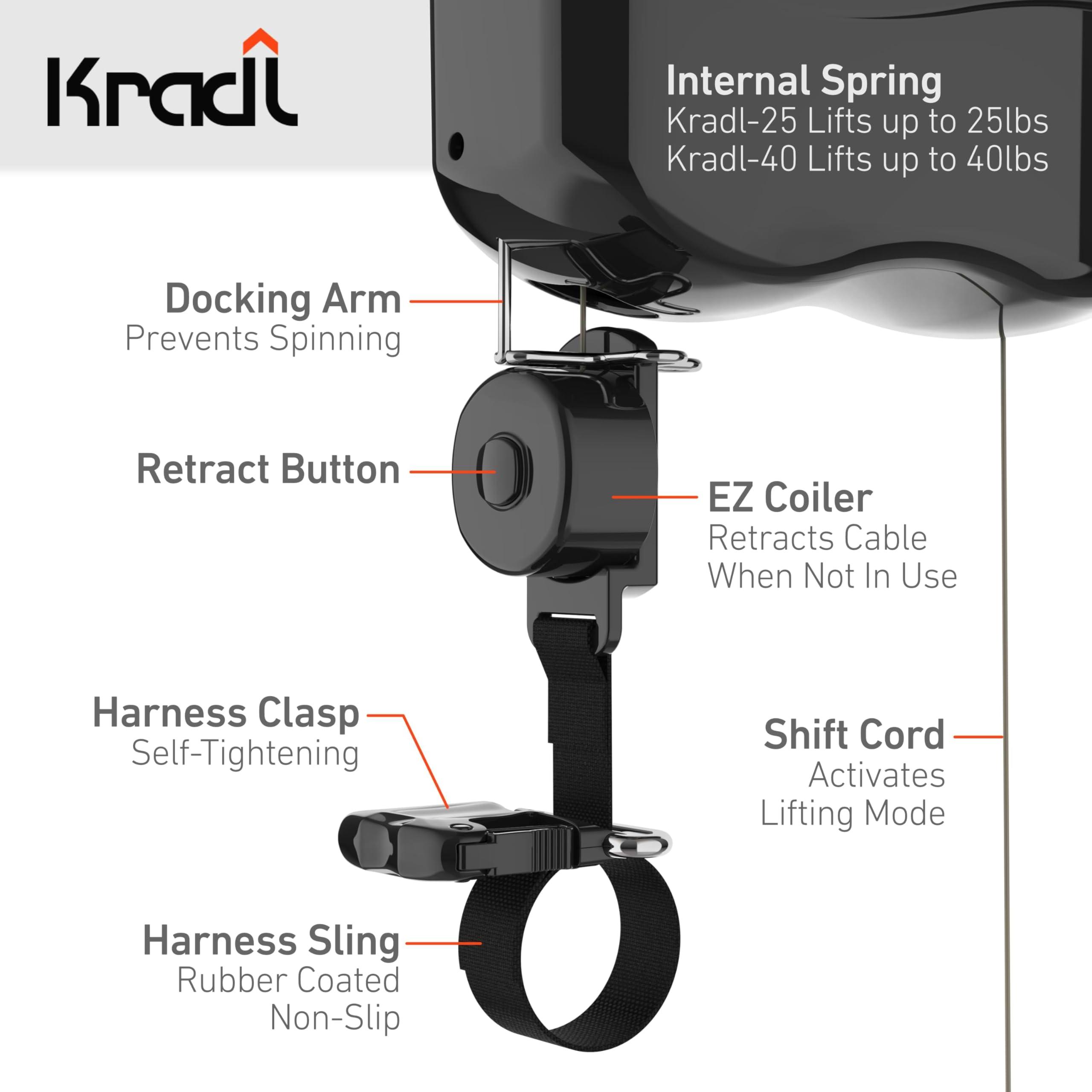 Kradl Kradl - Ceiling Mount Bike Lift and Rack. Bicycle Storage Hoist Without Electricity, Clumsy Ropes or Pulleys. 25 Pound Capacity.