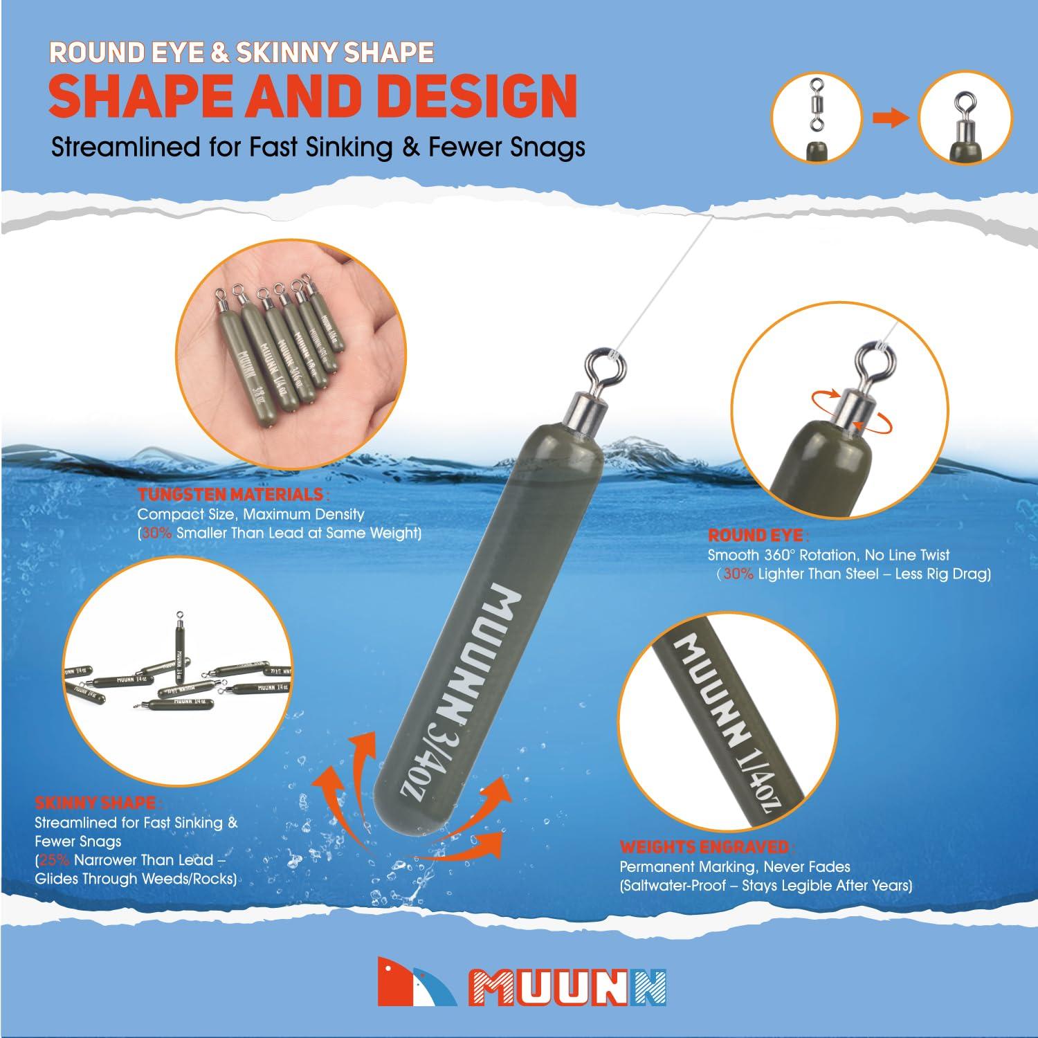 MUUNN MUUNN 10 Pack Tungsten Free Rig Skinny Drop Shot Weights,Raindrop Free Rig Fishing Sinkers kit for Drop Shot Rig(No Chip Green Pumpkin,1/16oz)