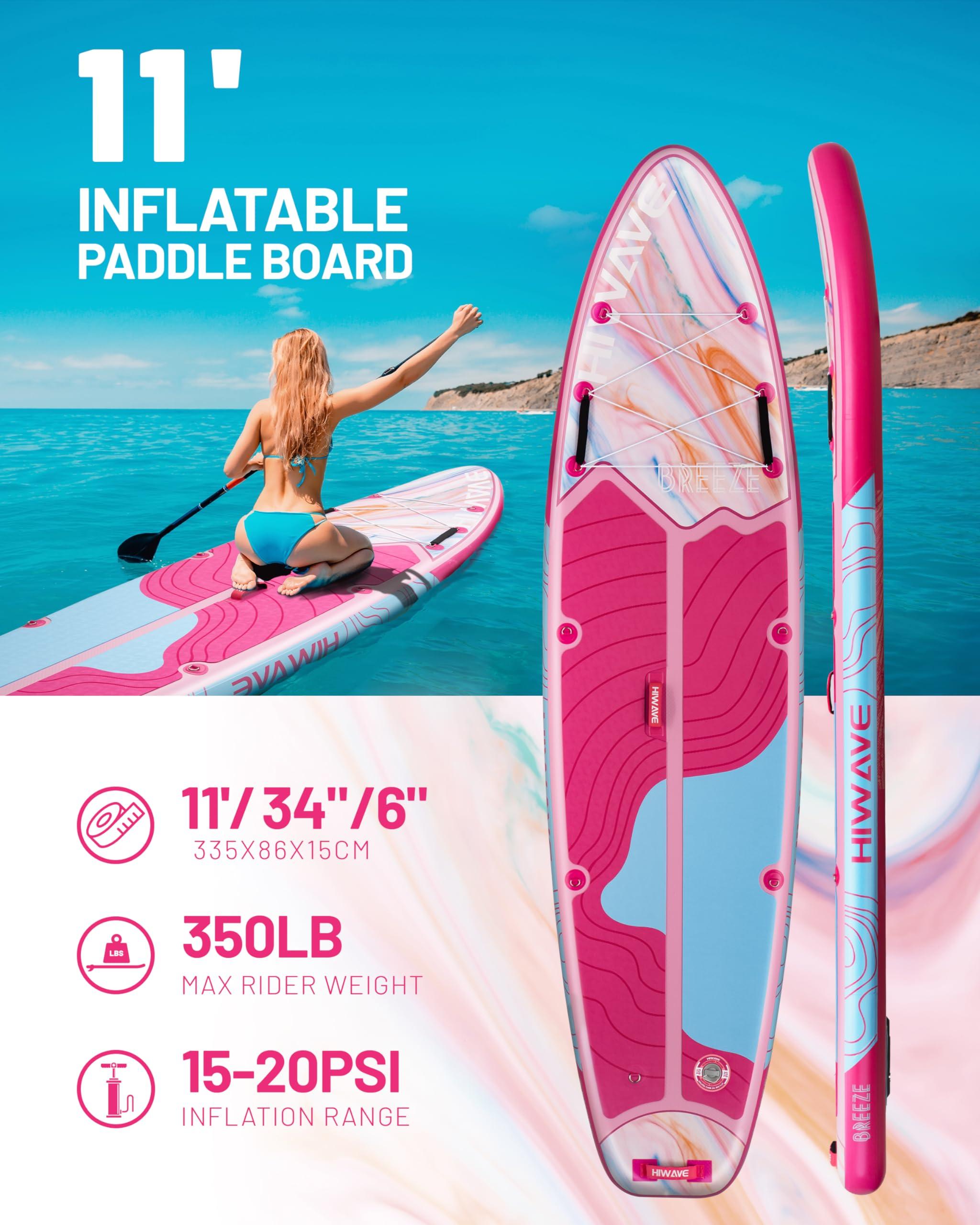 Hiwave Hiwave Inflatable Stand Up Paddle Board 11*34*6 Sup Board, 350lbs Capicity Adult&Youth Paddle Board, Pet Friendly for Ocean&Lake, w/Double Action Hand Pump Pink