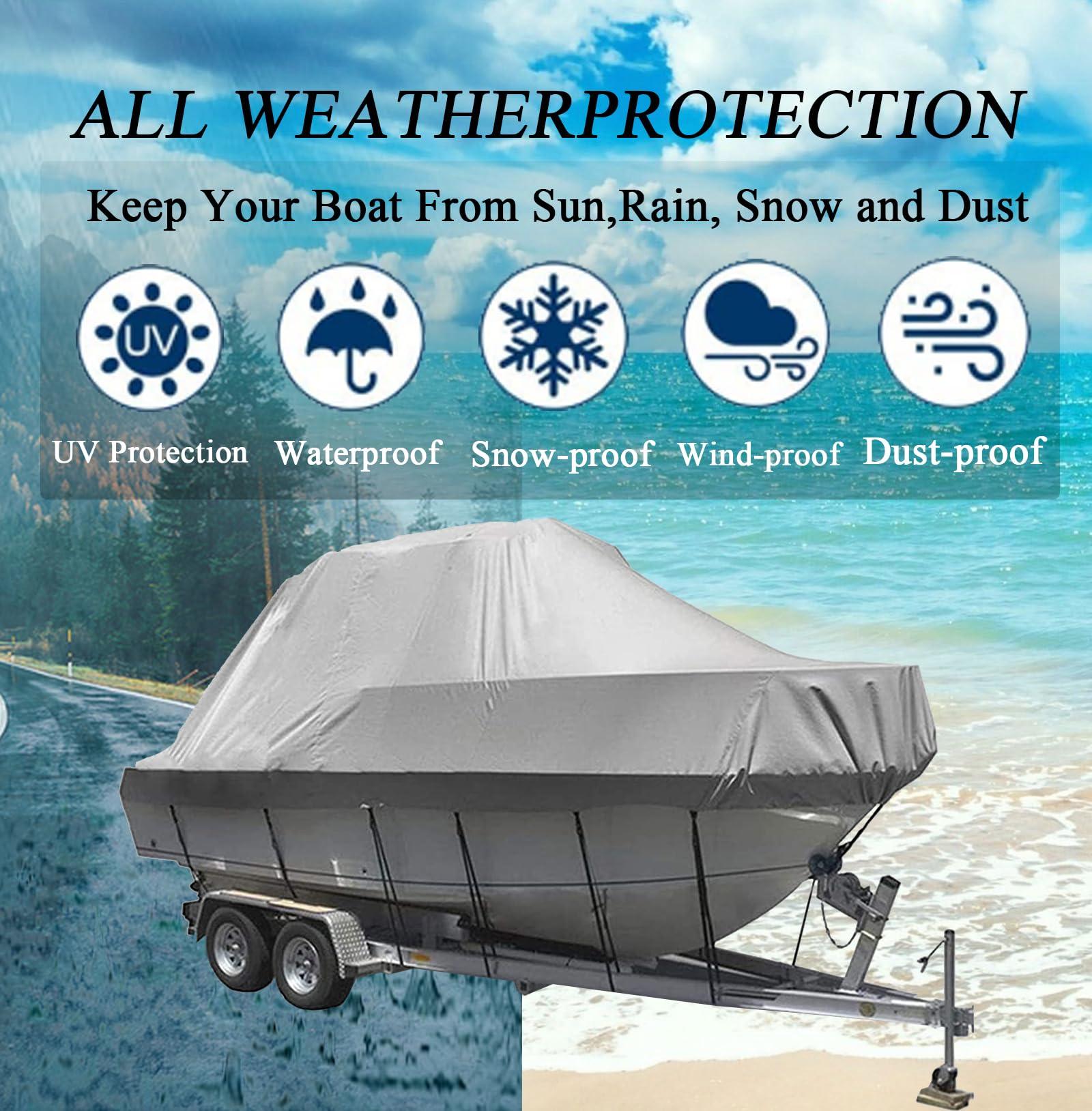 FOUNCY 210D T-Top Boat Cover 100% Waterproof Heavy Duty Tear-Resistant Polyester Trailerable Boat Cover for Center Console Boat with T TOP Roof (17-19FT600 * 230CM, Gray)