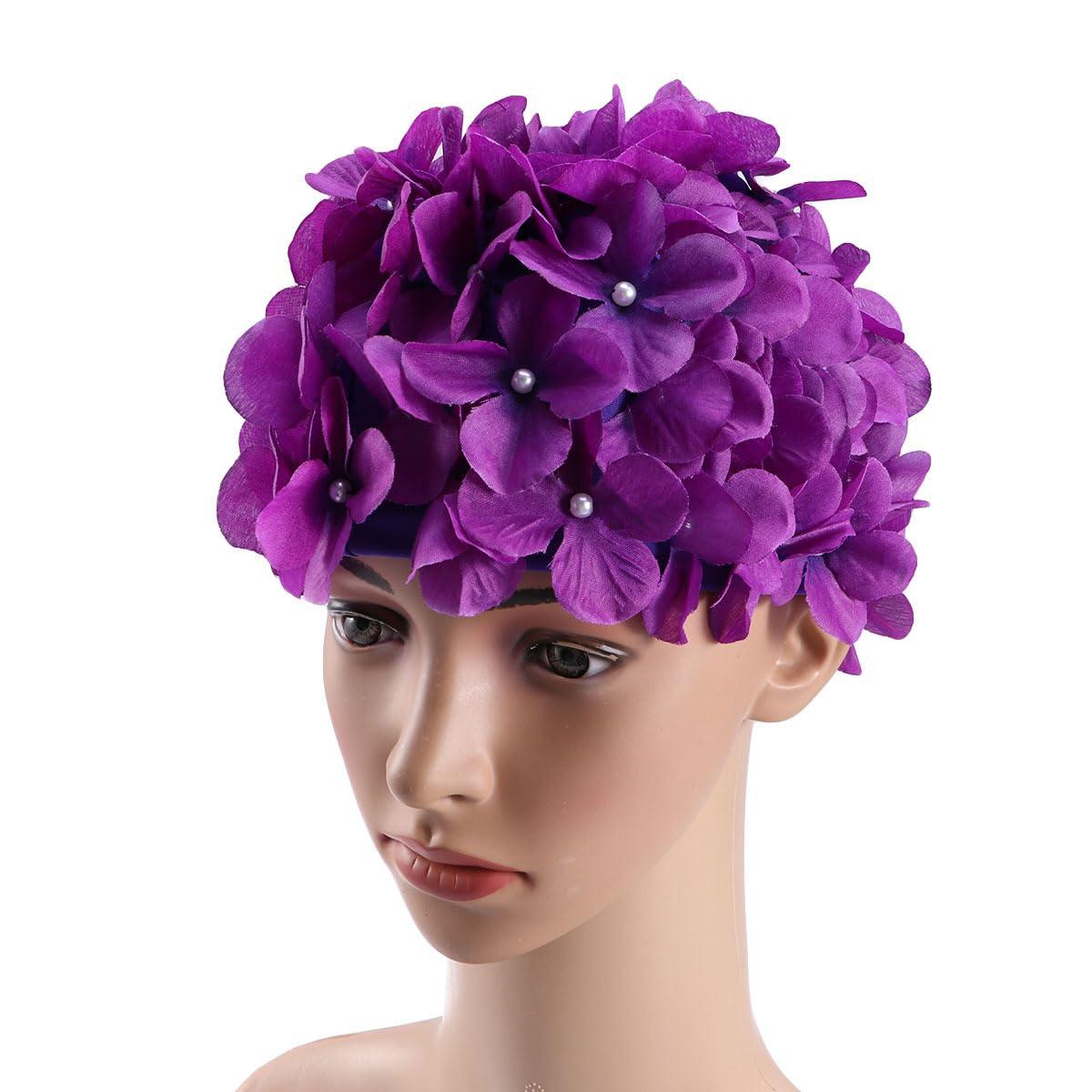 POPETPOP POPETPOP Flower Swim Cap - Floral Retro Swim Cap for Women, Funny for Long, Short Hair, Sport for Swimming Pool, Beach, Vacation(Purple)