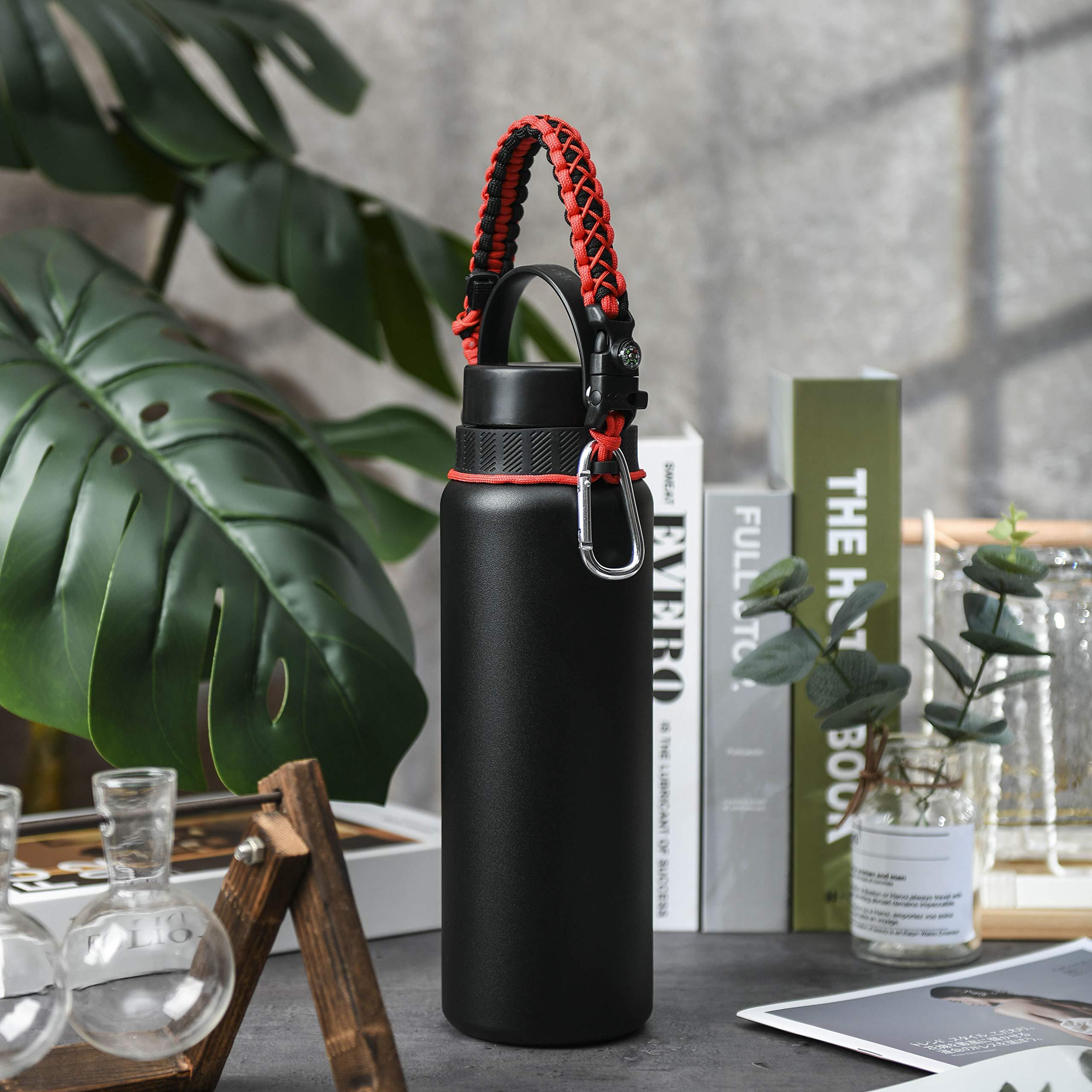 QeeCord QeeCord Paracord Handle Compatible with Hydro Flask 2.0 Wide Mouth Water Bottle Carrier with New Ring and Carabiner, 12oz, 16oz,18oz, 32oz, 40oz, 64oz (12 oz- 20 oz Wide Mouth, Red)