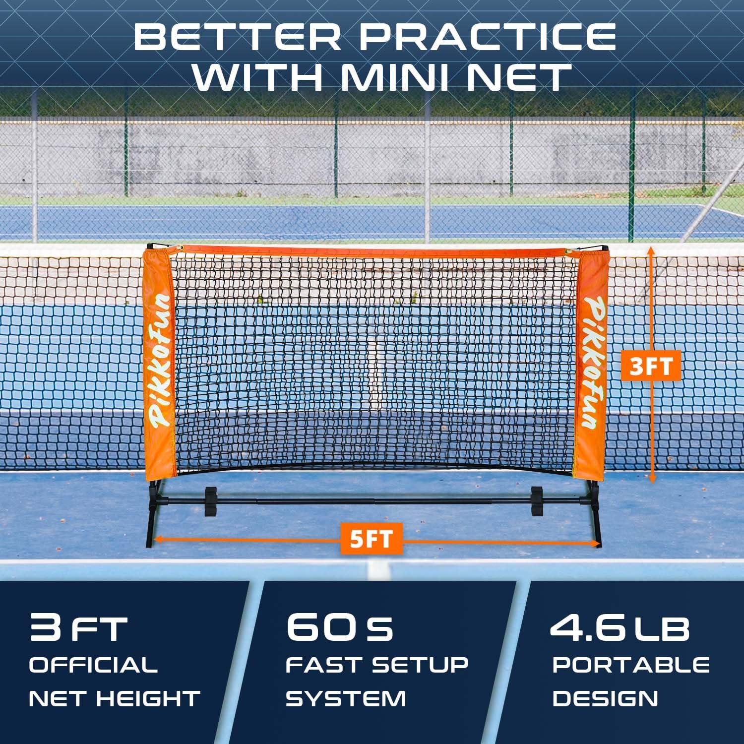 PIKKOFUN PIKKOFUN Small Mini Pickleball Net 5 ft - Portable Pickleball Dink Practice Net for Indoor and Outdoor, USAPA Regulation Height 3 ft., Quick Set Up Lightweight and Durable Design, Orange Net