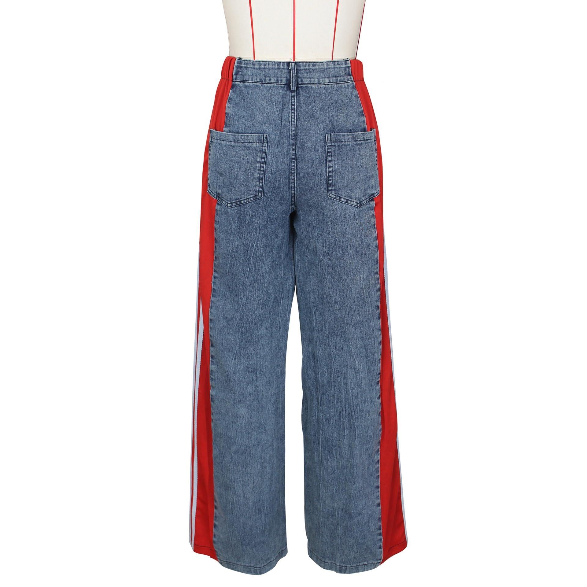 YCHUNHUI YCHUNHUI Women's High Waisted Two Tone Jeans Block Floor Length Wide Leg Denim Pants Patchwork Stripes Jeans Trousers (Blue and Red,Small)