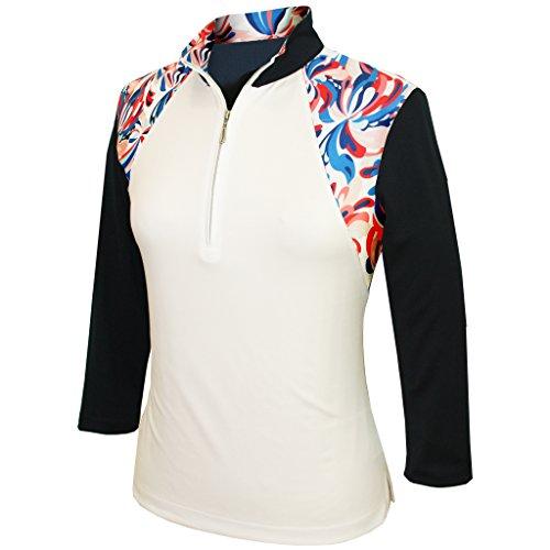 Monterey Club Monterey Club Women\'s Fountain Floral Print Block 3/4 Sleeve Zip Top #2347 (White/Navy, Small)