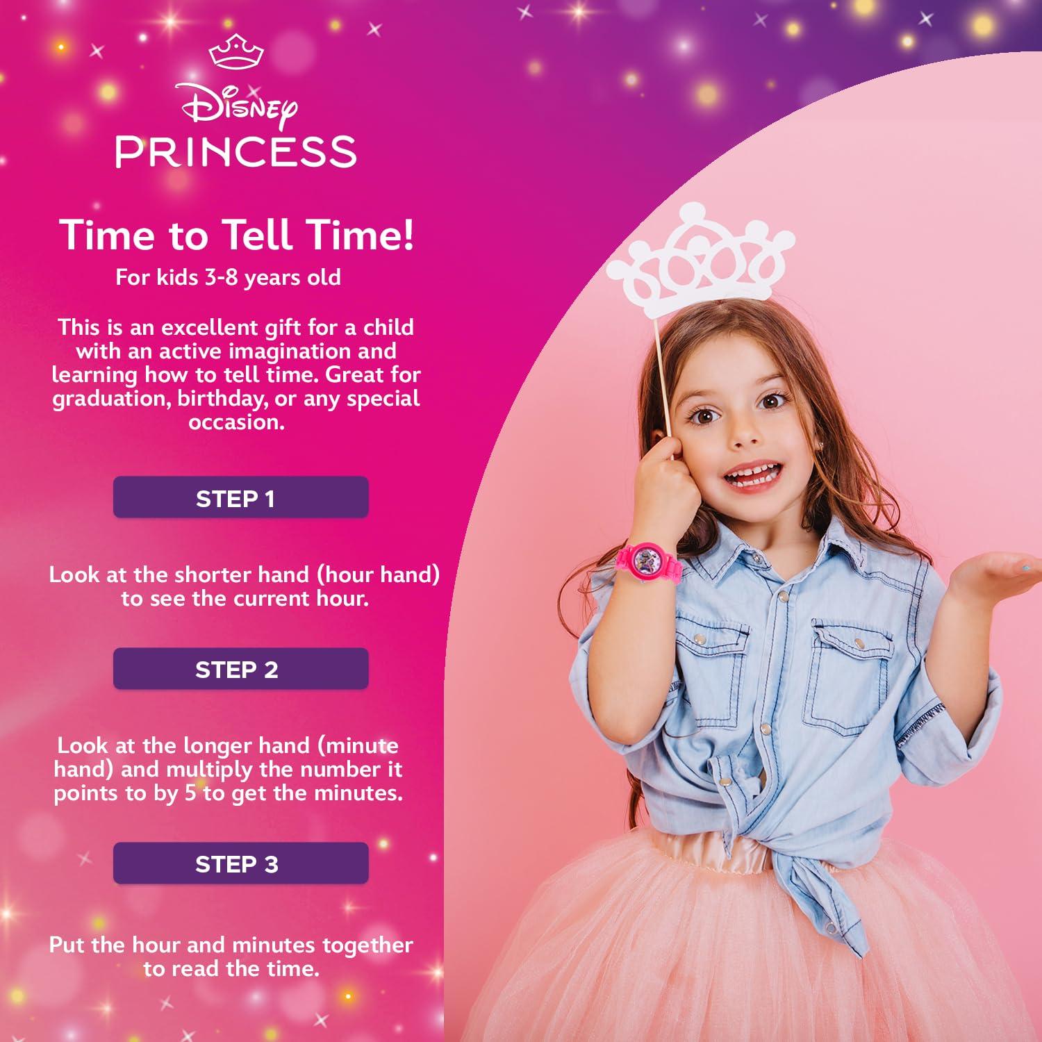 Disney DISNEY Princess Watch for Girls, Age 4-7, Toddler Princess Watch, Kids Pink Silicone Strap, Pink Case, White Dial - Perfect Watches for Young Girls, Ideal Gift Little Princesses!