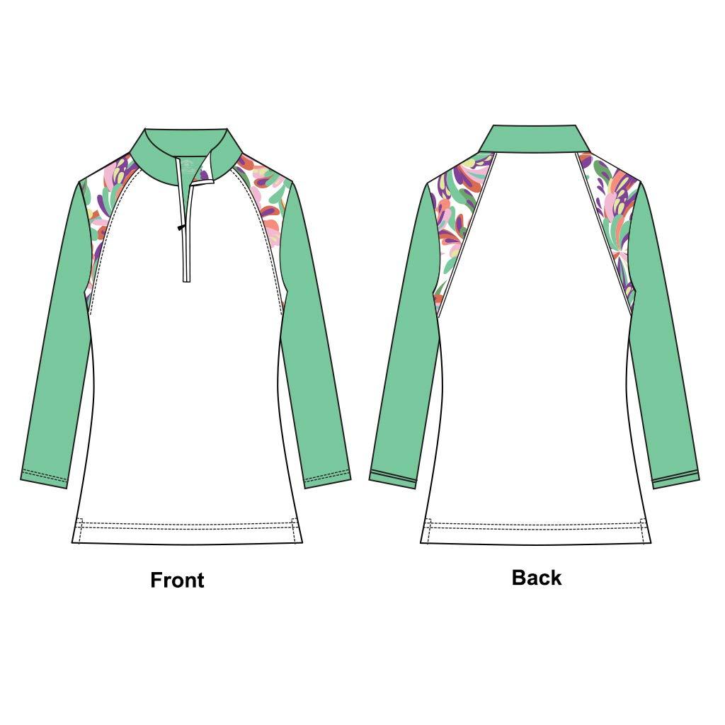 Monterey Club Monterey Club Women's Fountain Floral Print Block 3/4 Sleeve Zip Top #2347 (White/Spring Bud, Large)