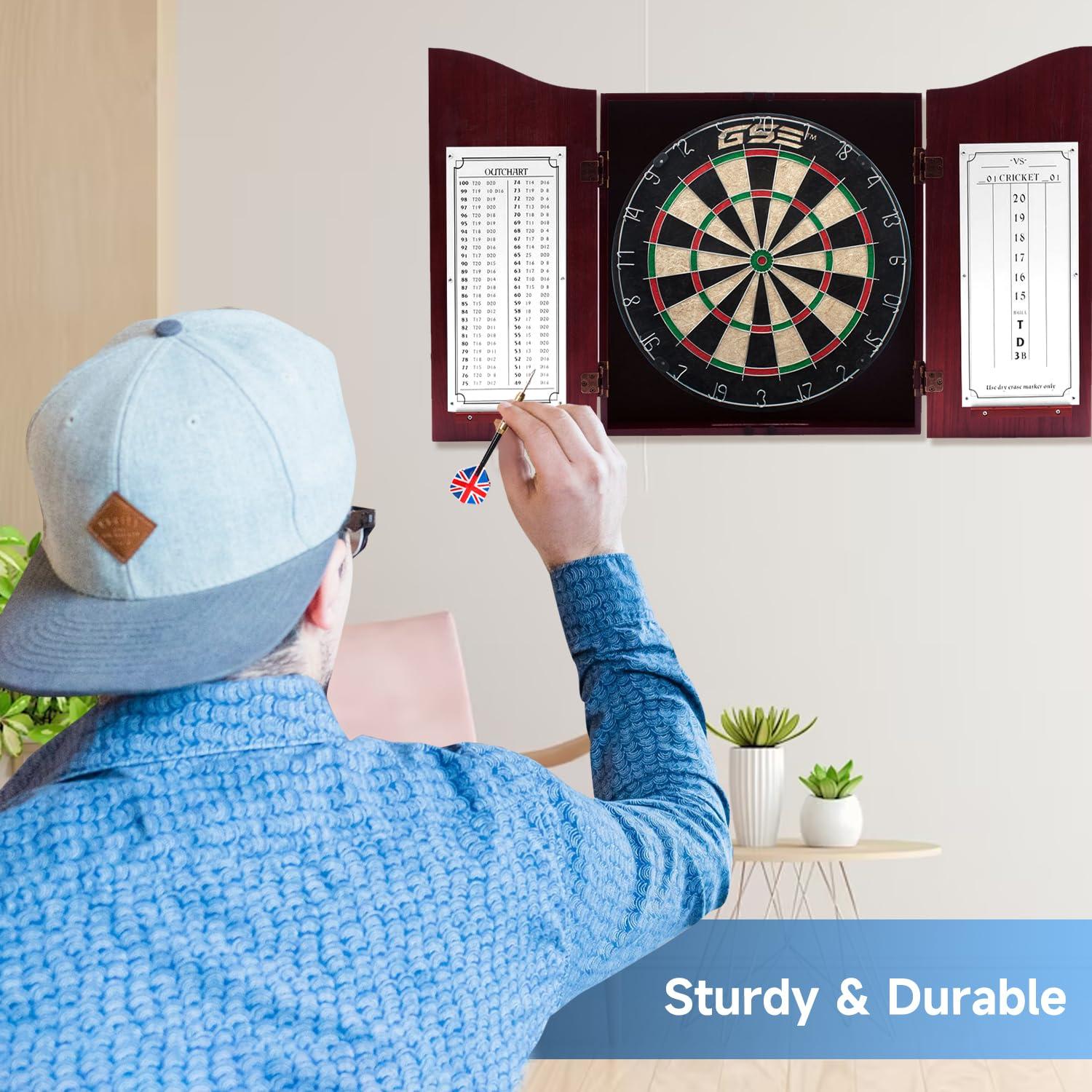 GSE Games & Sports Expert GSE Games & Sports Expert Professional Solid Wood Classic Dartboard Cabinet with Sisal/Bristle Dartboard, Scoreboard, and 6 Steel Tip Darts, Easy Assembly Complete with All Accessories (Deluxe Cherry)