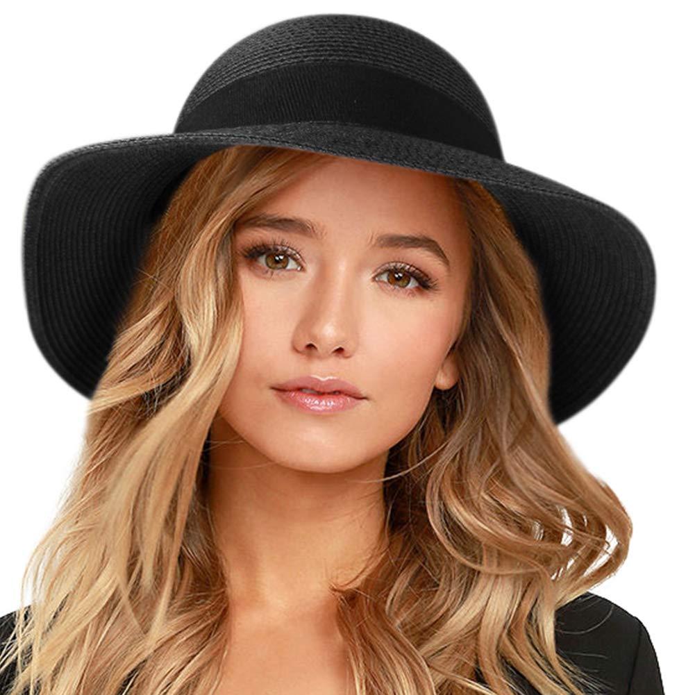 FURTALK FURTALK Womens Beach Sun Straw Hat UV UPF 80+ Travel Foldable Brim Summer UV Hat Black