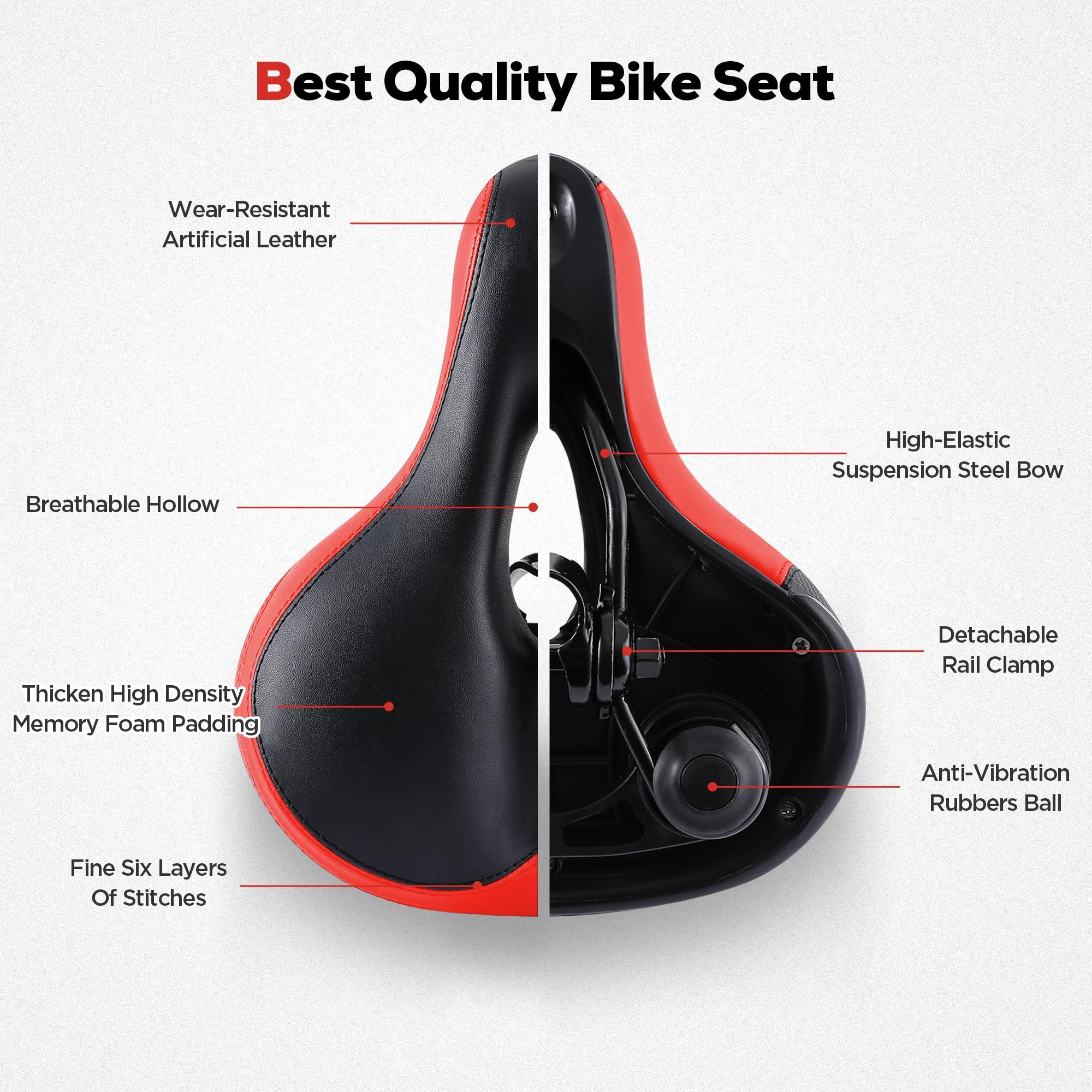 IPOW IPOW Comfort Bike Seat for Women or Men, Bicycle Saddle Replacement Padded Soft High Density Memory Foam with Dual Shock Absorbing Rubber Balls Suspension Universal Fit for Indoor/Outdoor Bikes/Red