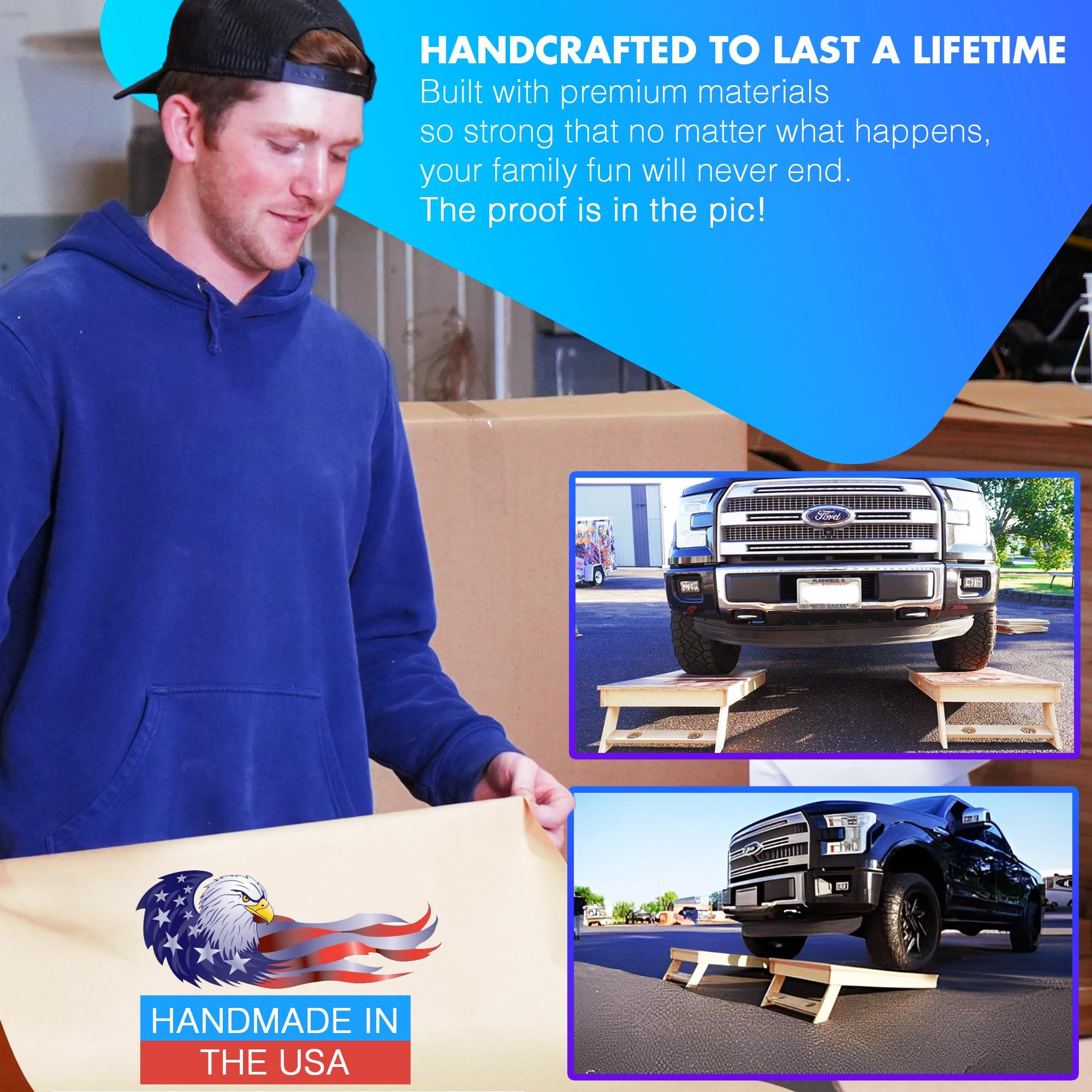 BackYardGamesUSA BackYardGamesUSA Pro Cornhole Boards Set | Made in USA | 3/4 Baltic Birch | No Bounce | Triple Thick Legs | Two Brace & Handles, Tournament 2x4 Regulation Set with Score Tower & Cornhole Bags