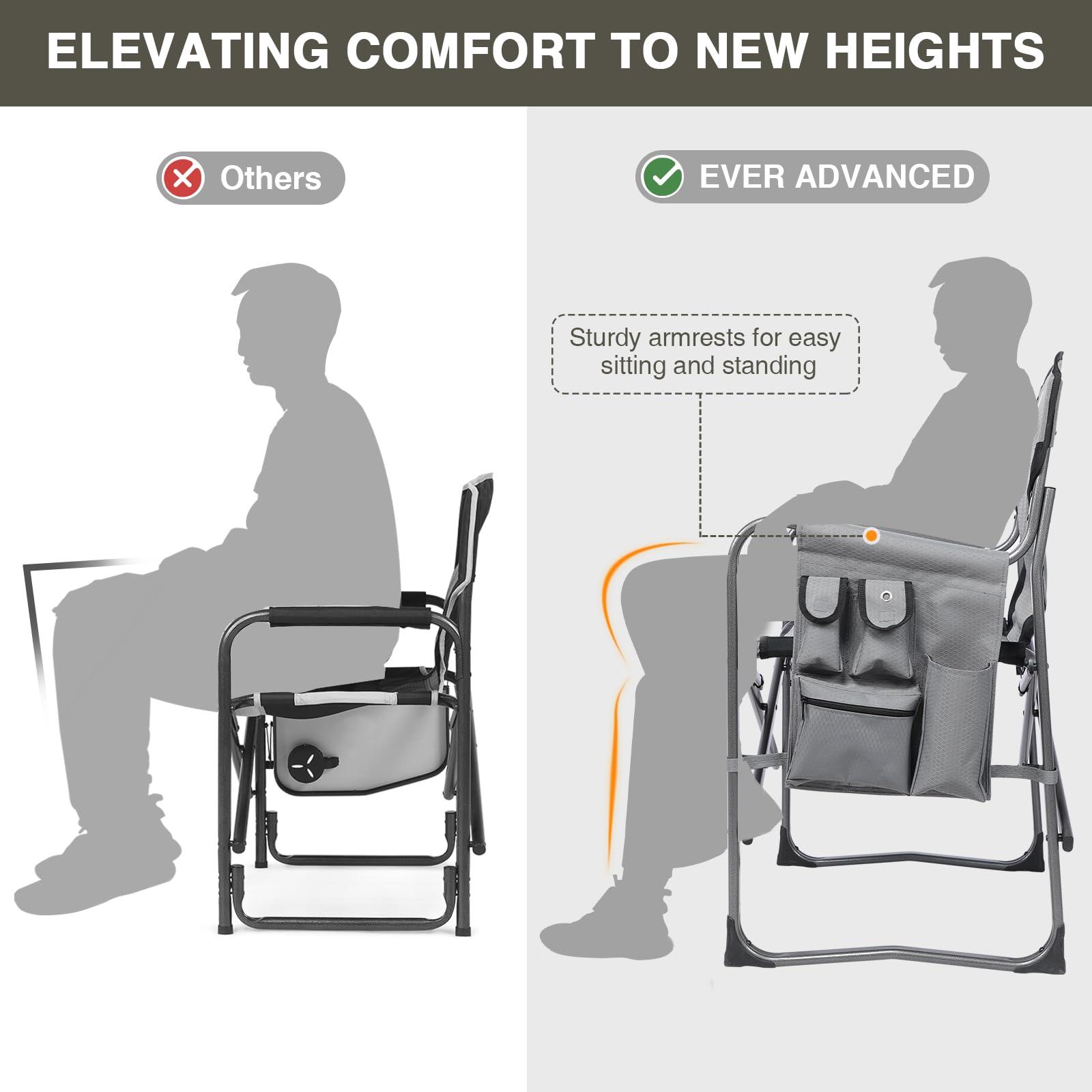 EVER ADVANCED EVER ADVANCED Lightweight Oversized Folding Camping Chairs Outdoor, Aluminum Directors Chair with Side Table and Storage Pouch, Heavy Duty Supports 350LBS (Grey/Black)