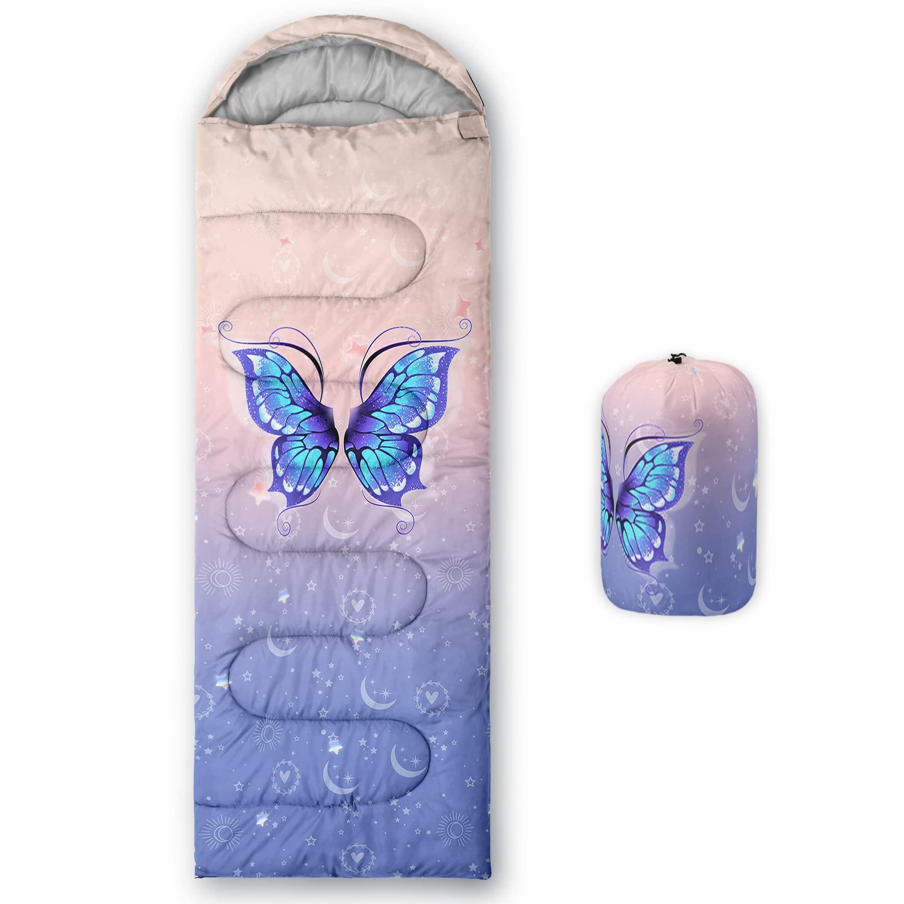 BSNTHO BSNTHO Blue Butterfly Printed Camping Sleeping Bags,3 Season Warm & Cool Weather,Lightweight, Sleeping Bags for Adults & Kids,Traveling,and Outdoors,Camping Gear Equipment,31x90inch,Standard