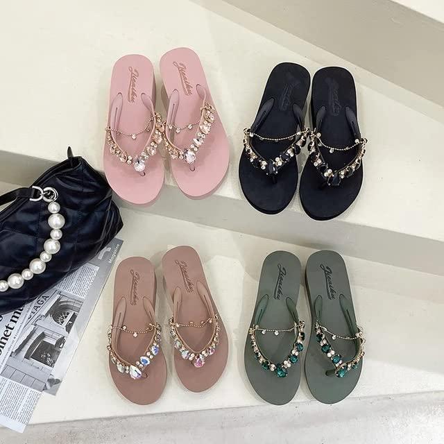 DYJAGYO DYJAGYO Women's Rhinestone Chain Platform Wedge Flip Flop Sandals,Women's Rhinestone Flip Flops,Fashion Flip Flop Sandals for Parties and Weddings (Green,38)