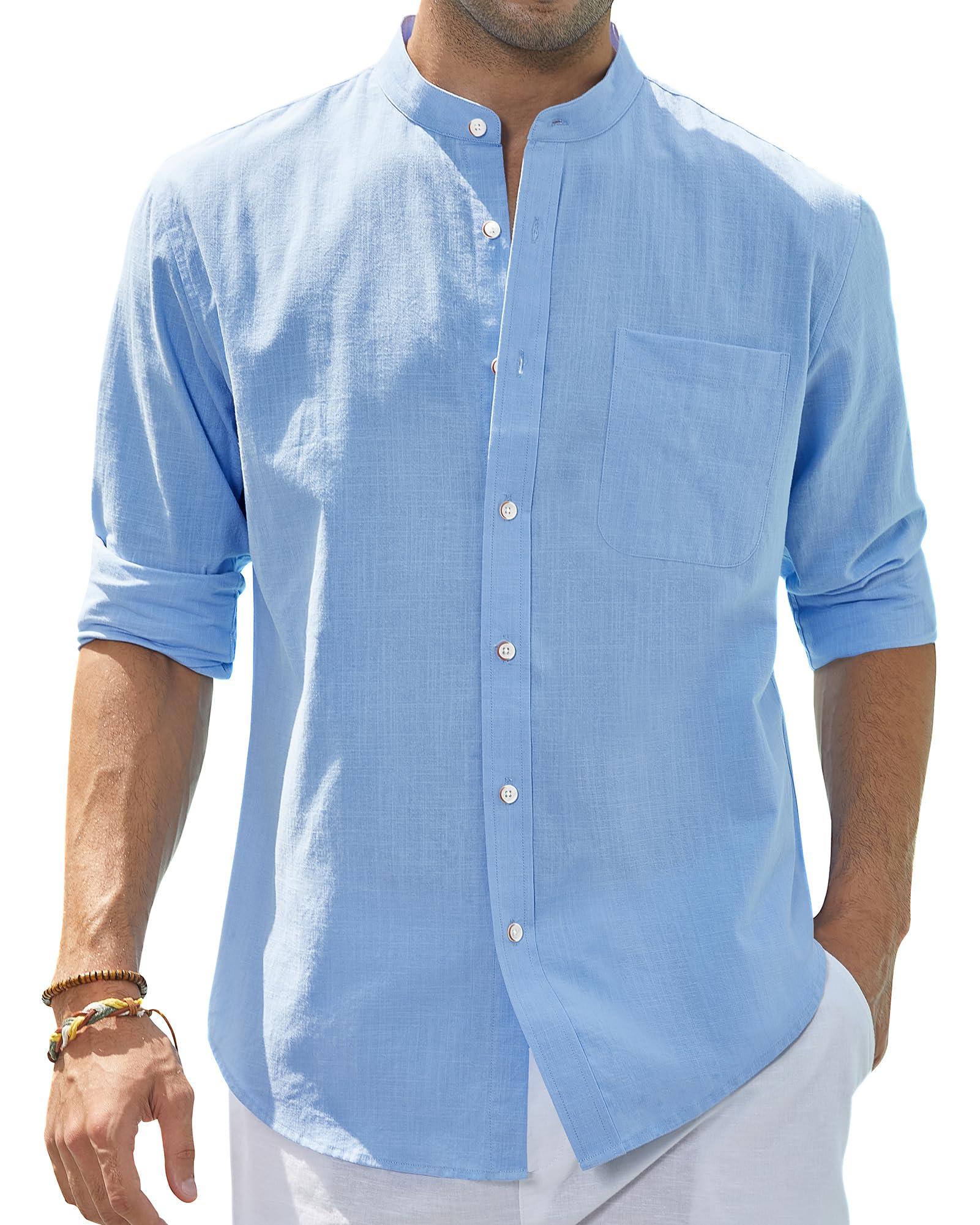 J.VER J.VER Men's Banded Collar Linen Shirts Long Sleeve Slim Fit Button Down Shirts Beach Wedding Shirt with Pocket Light Blue X-Large
