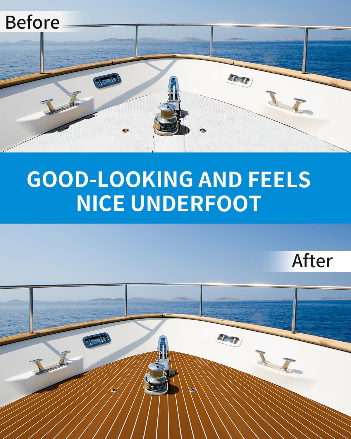 OCEANBROAD OCEANBROAD Boat Flooring EVA Foam Self-Adhesive 96''x36'' Faux Teak Marine Boat Decking Sheet for Jon Boats Yacht Floor, Brown with White Seam Lines