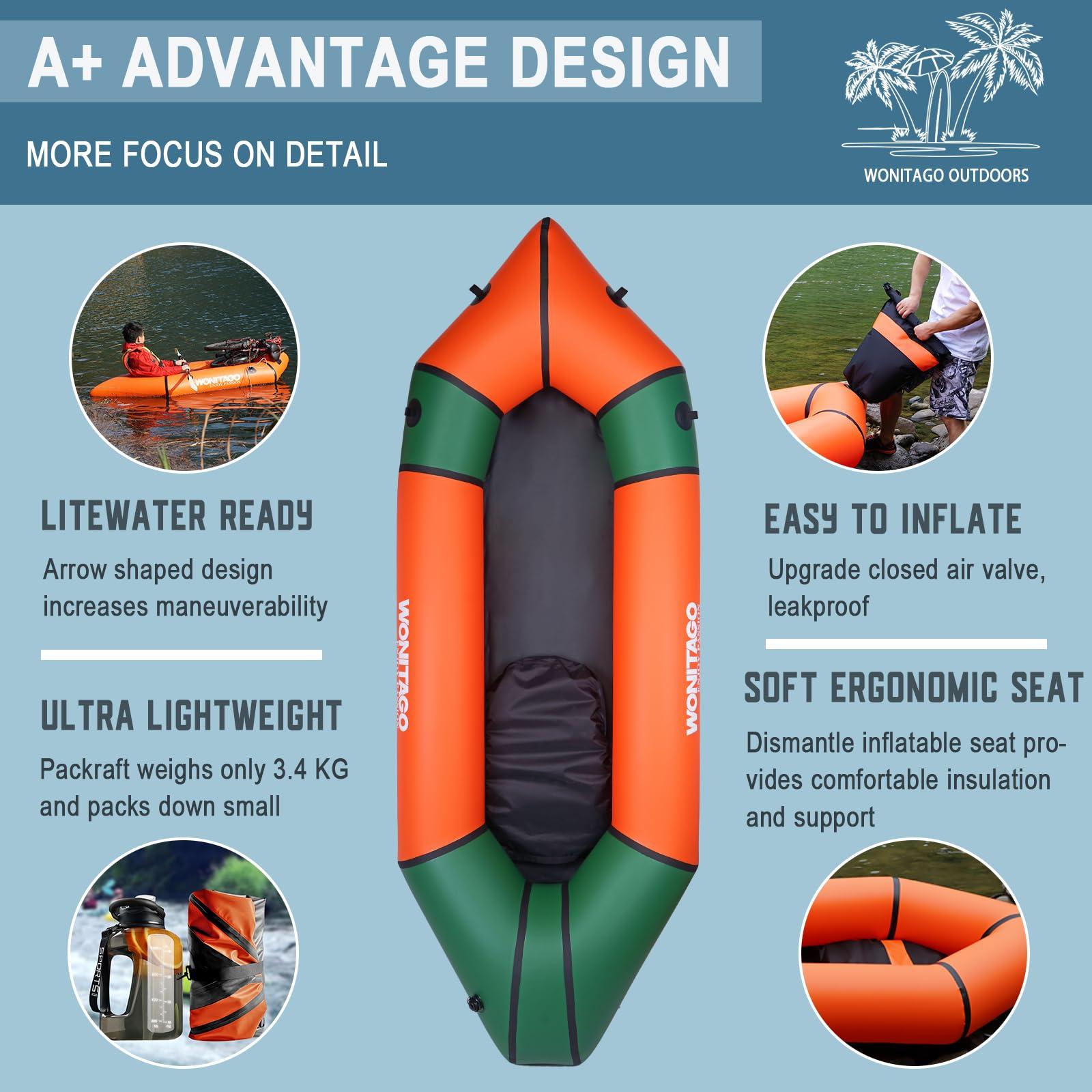 WONITAGO WONITAGO TPU Packraft Portable and Lightweight with Soft Seat, Inflatable Travel Kayaks for Flat Water Rafting/Bicycle Drifting/Litewater Dinghy, 255cm, Orange/Green