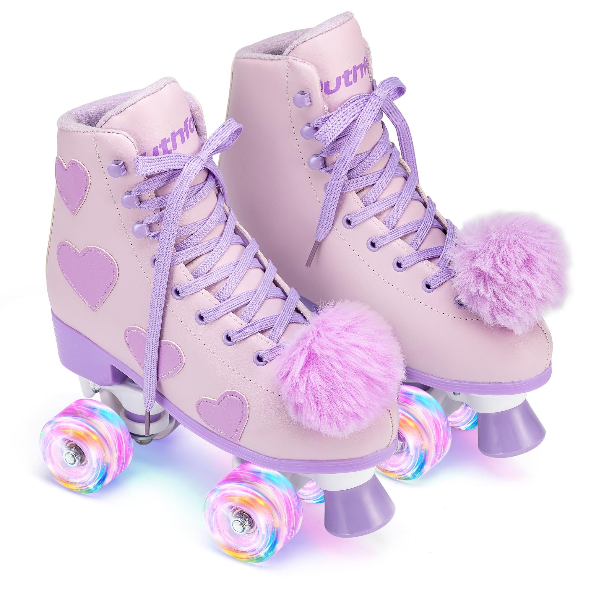 Ruthfot Ruthfot Women's and Girl's Classic Roller Skates with Light up Wheels and Love Heart Pattern, High-top PU Leather Rollerskates