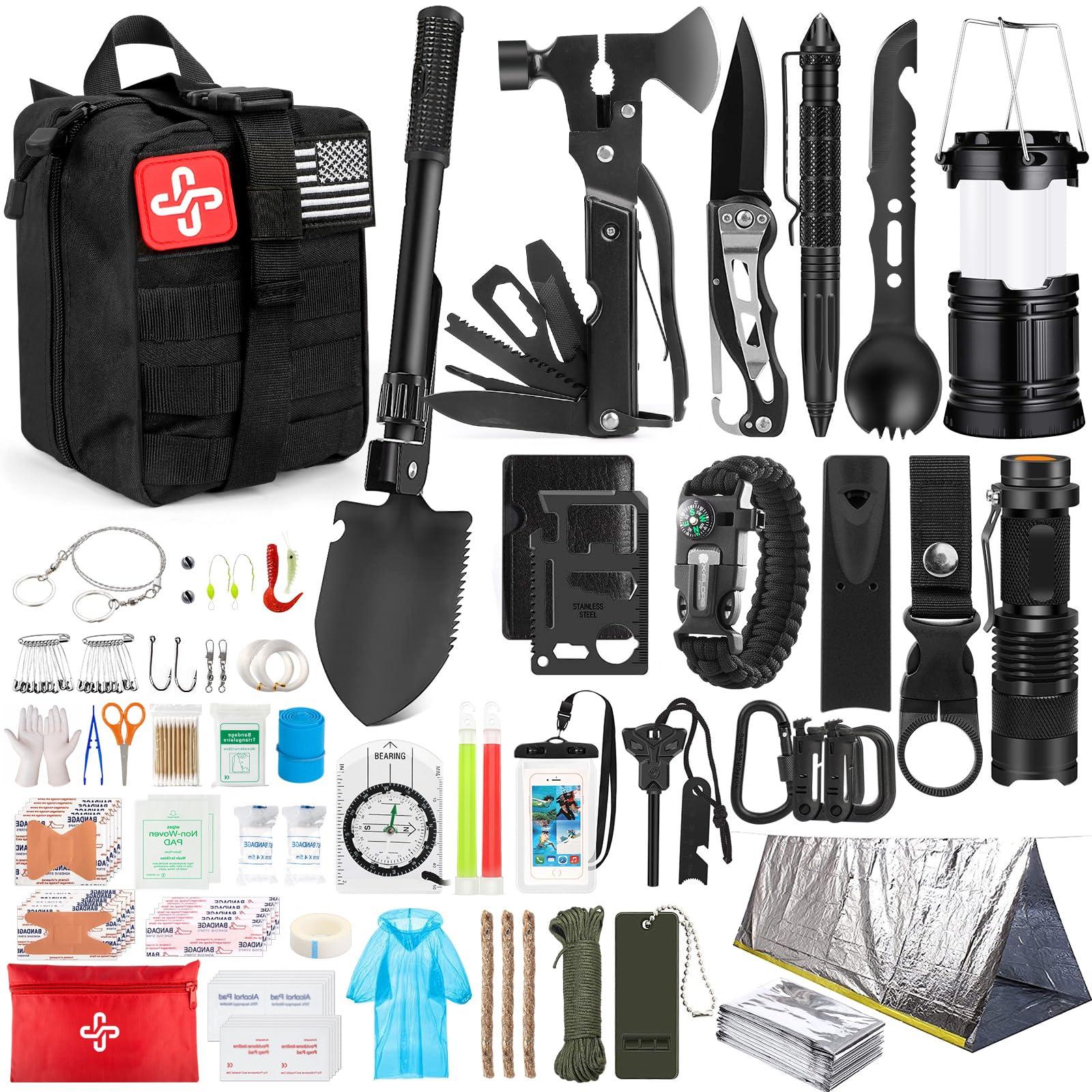 HIHEGD Survival Kit, 250Pcs Survival Gear First Aid Kit with Molle System Compatible Bag and Emergency Tent, Emergency Kit for Earthquake, Outdoor Adventure, Hiking, Hunting, Gifts for Men Women