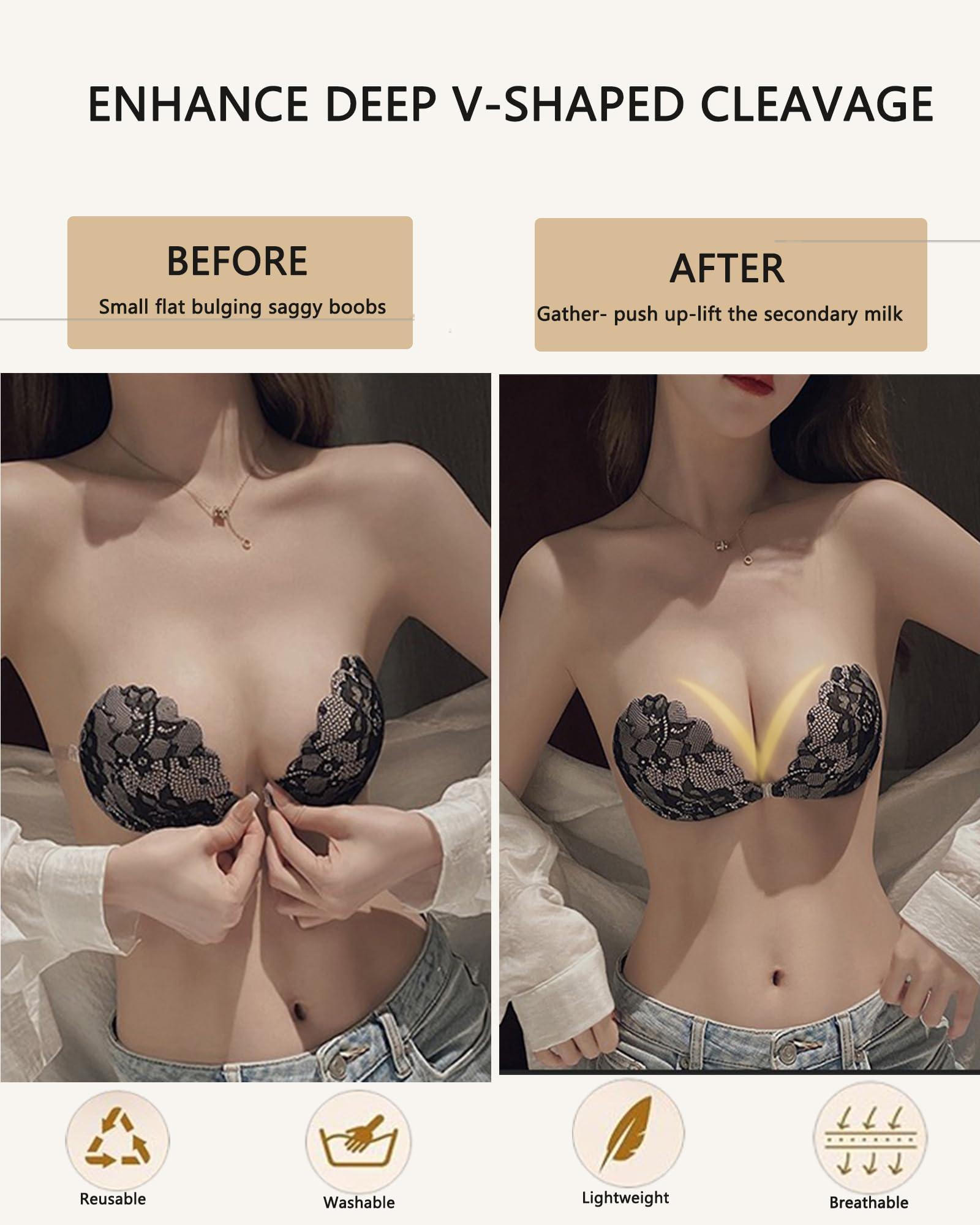 Kelivy Adhesive Bra Push up Strapless Sticky Invisible Upgrade Lace Bras for Women Dress Backless with Detachable Strap Nipple Cover