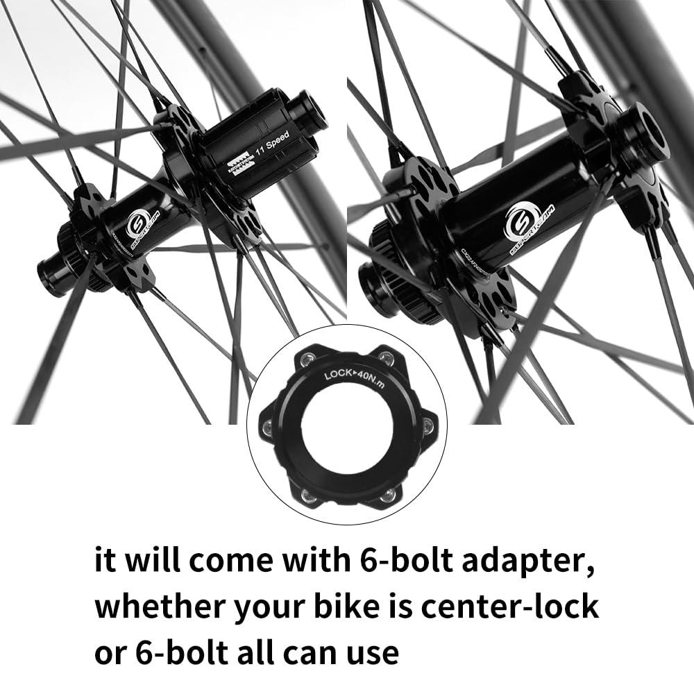 SUPERTEAM SUPERTEAM Carbon Spokes Tubeless Wheelset 50-28mm White Painting Wheels with Ratchet System Hub (FIT for SHIMAN0 8-12 Speed, Thru-Axle Type 12 * 100/12 * 142mm)