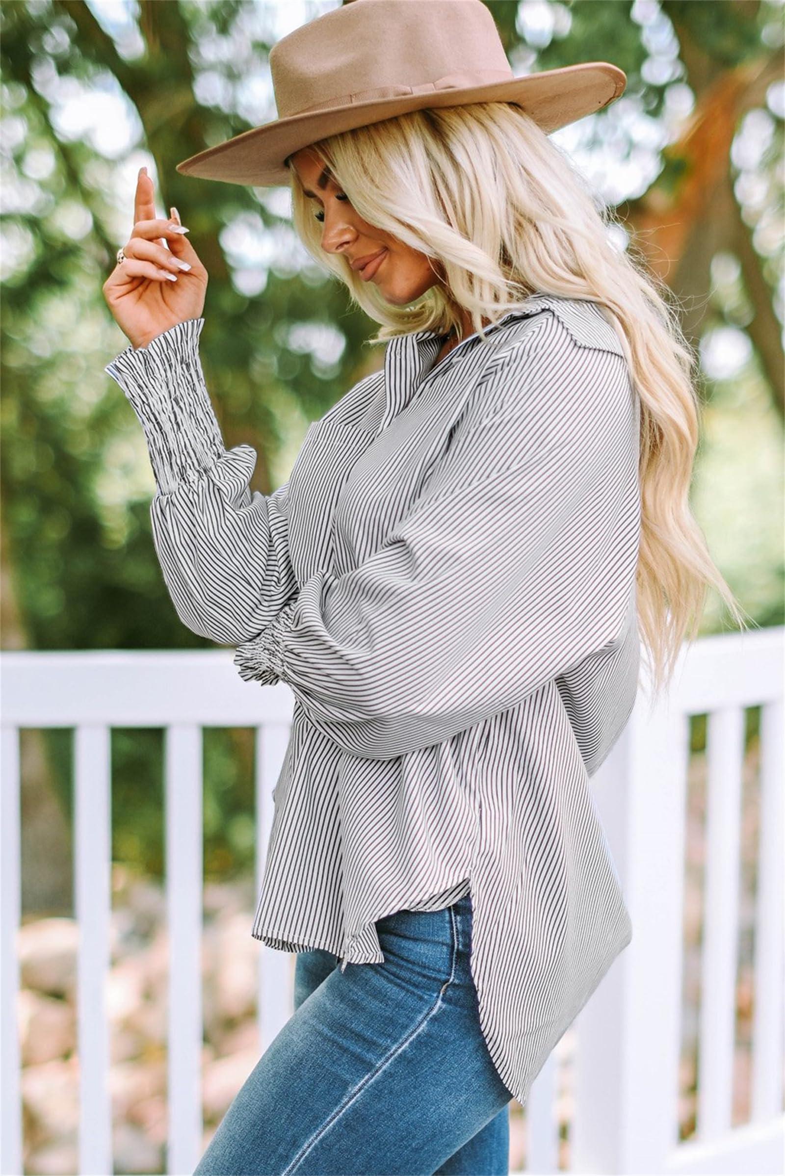 yonasu yonasu The Happy Wind Striped Shirt, The Happy Wind Blouse, Womens Smocked Cuffed Striped Boyfriend Shirt with Pockets