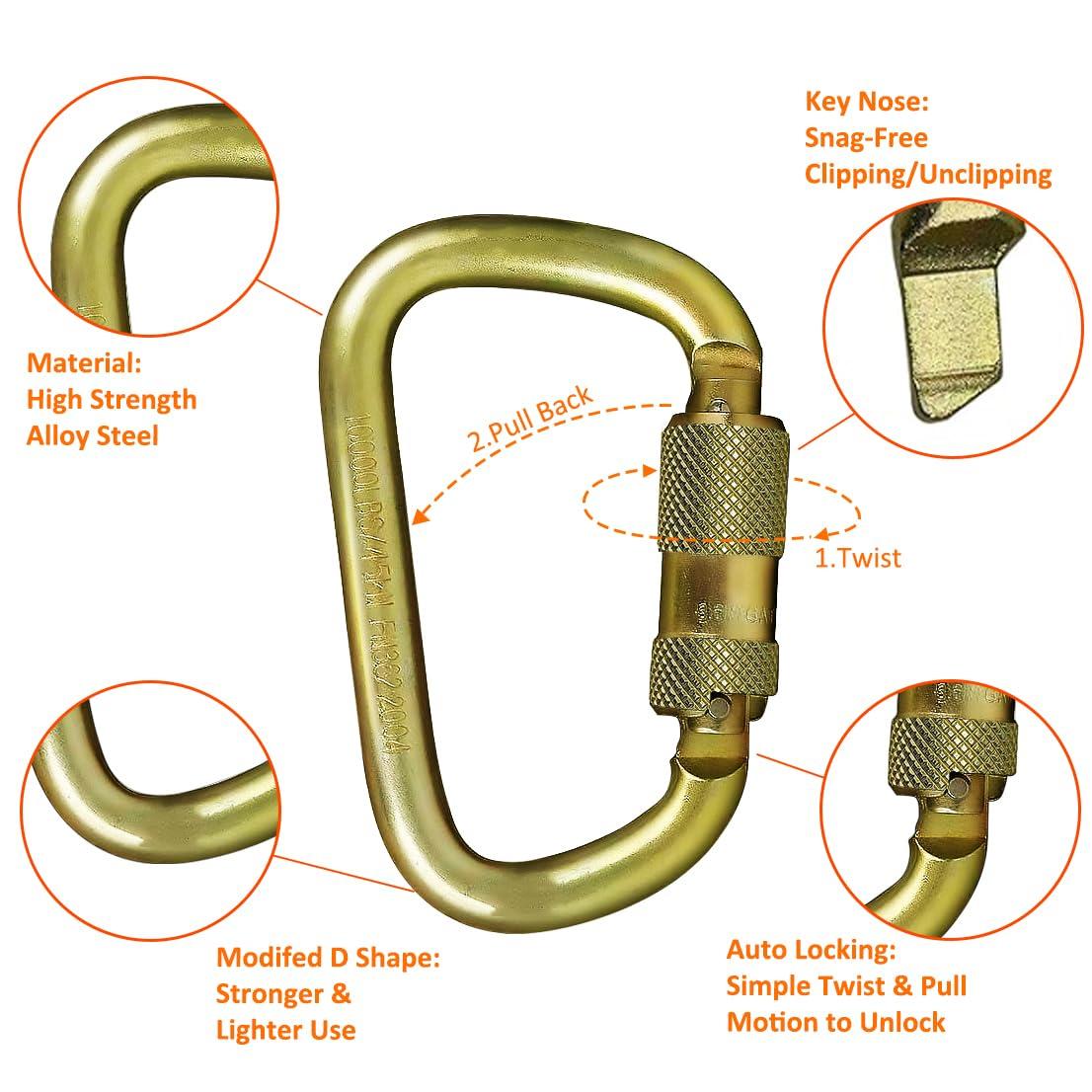 DEKABR DEKABR Heavy Duty Alloy Steel Auto-Locking Climbing Carabiner - 45KN Twist Lock Carabiner for Rock and Tree Climbing, Quick Release, Rescue, and Mountaineering. ANAB Certified, Large, Gold (1)