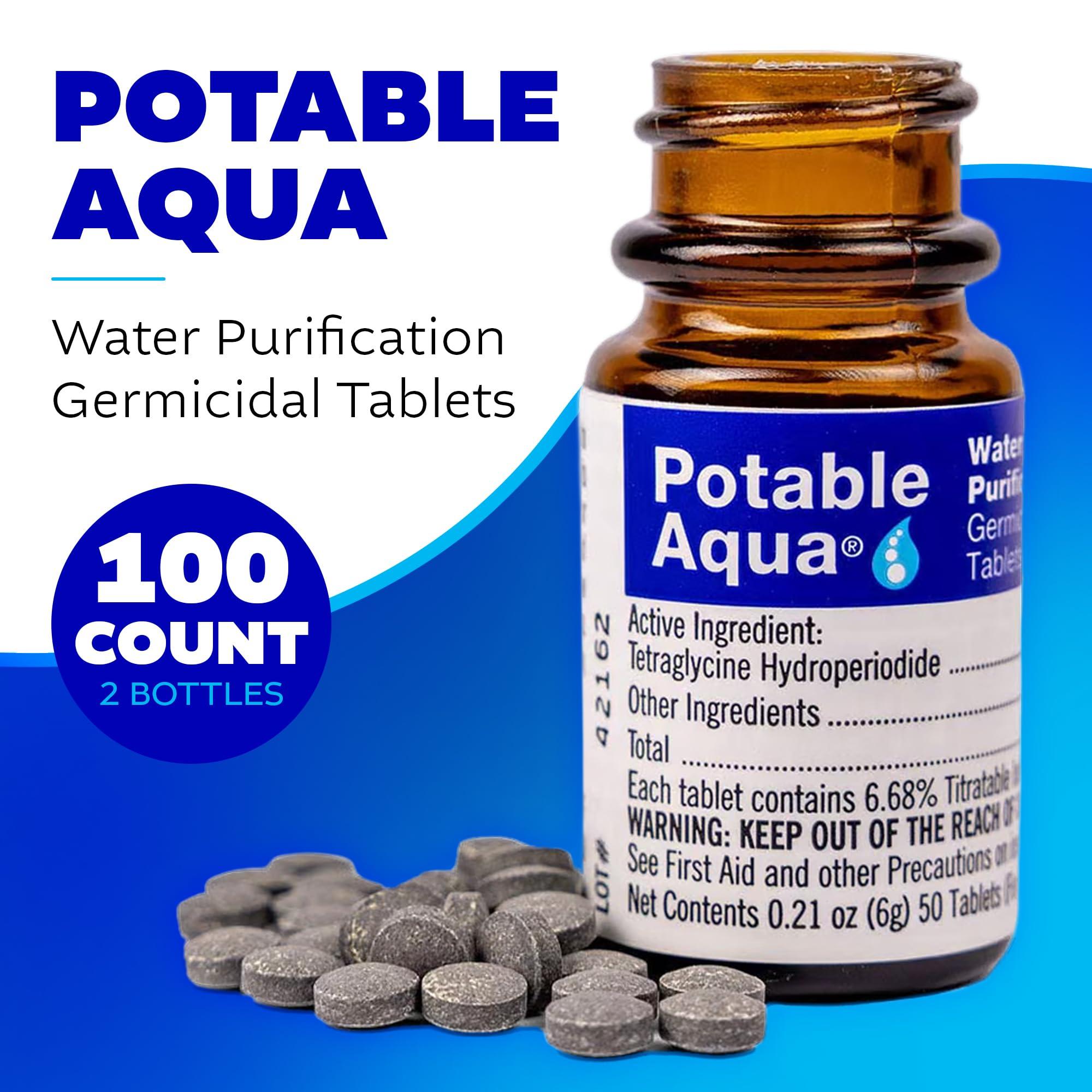 potable aqua Potable Aqua Water Purification Tablets, Portable and Effective Water Purification Solution for Camping, Hiking, Emergencies, Natural Disasters and International Travel, Two 50ct Bottles, Blue