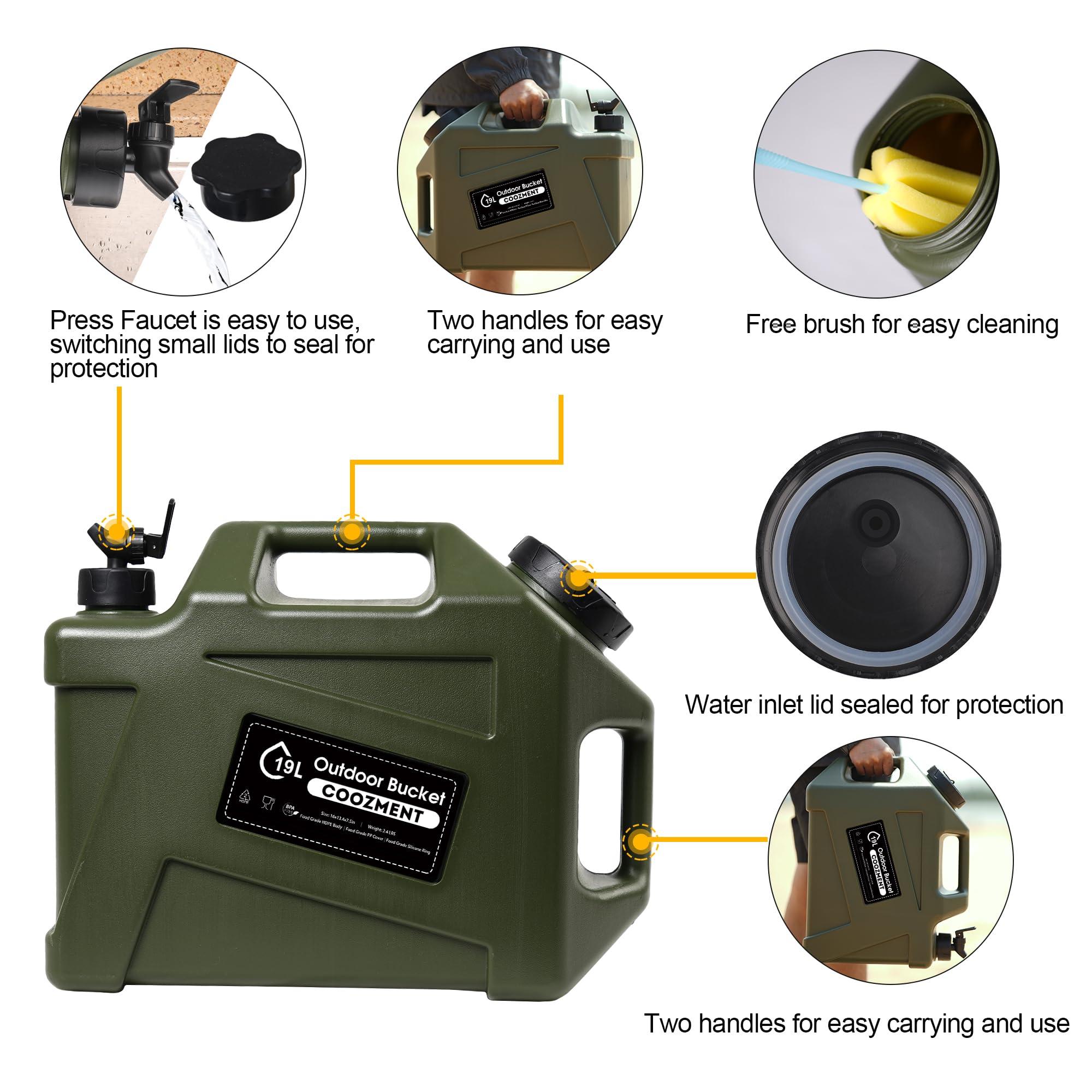 COOZMENT COOZMENT 5 Gallon (19L) Portable Water Containers with Spigot, BPA Free Water Jug, Military Green Water Tank, Multifunction Water Storage Containers for Camping Outdoor Hiking,Emergency Stroage