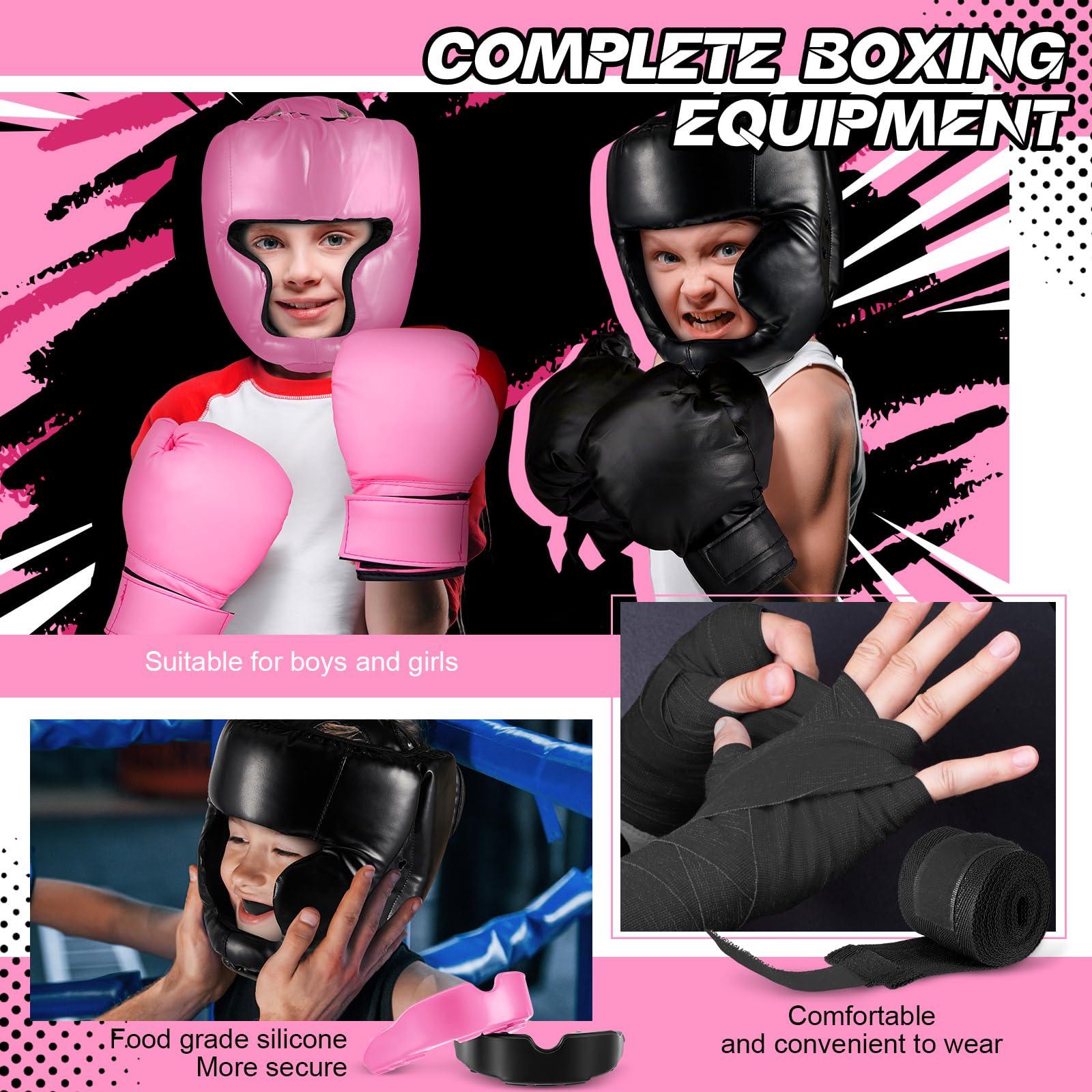 Kanayu Kanayu 12 Pcs Kids Boxing Equipment Set for Beginners Ages 6-18 Years Including Boxing Helmet and Gloves Hand Wraps Sport Mouthguards Taekwondo Sparring Gear for Kids and Children(Black, Pink)