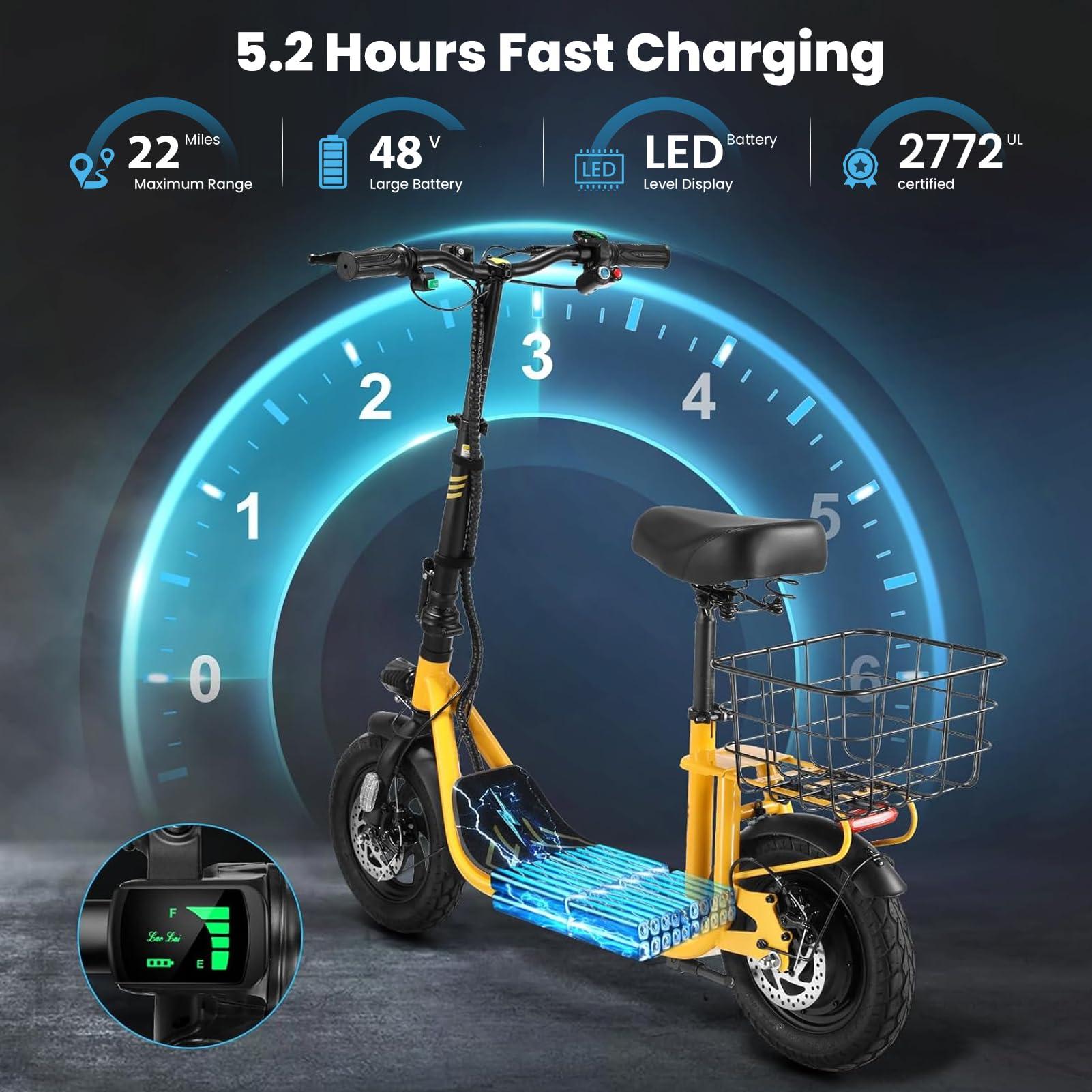 Caroma Caroma Peak 800W Electric Scooter Adults, 30 Miles Max Range, Adjustable Handlebar Height, Foldable Electric Scooter with Seat, Detachable Large Basket, Commuter E-Scooter for Adult and Teens