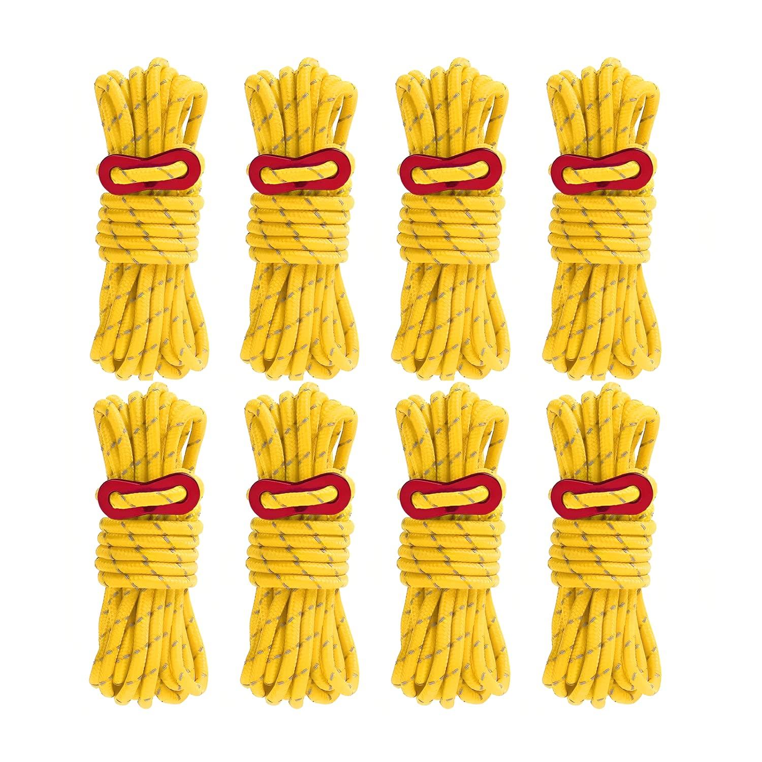 Smithok Smithok 8 Pack 4mm Guy Lines Ultralight Tent Cords with Aluminum Adjuster Tensioner Outdoor Camping Guylines Ropes for Tent Tarp,Climbing,Hiking Backpacking (Yellow)