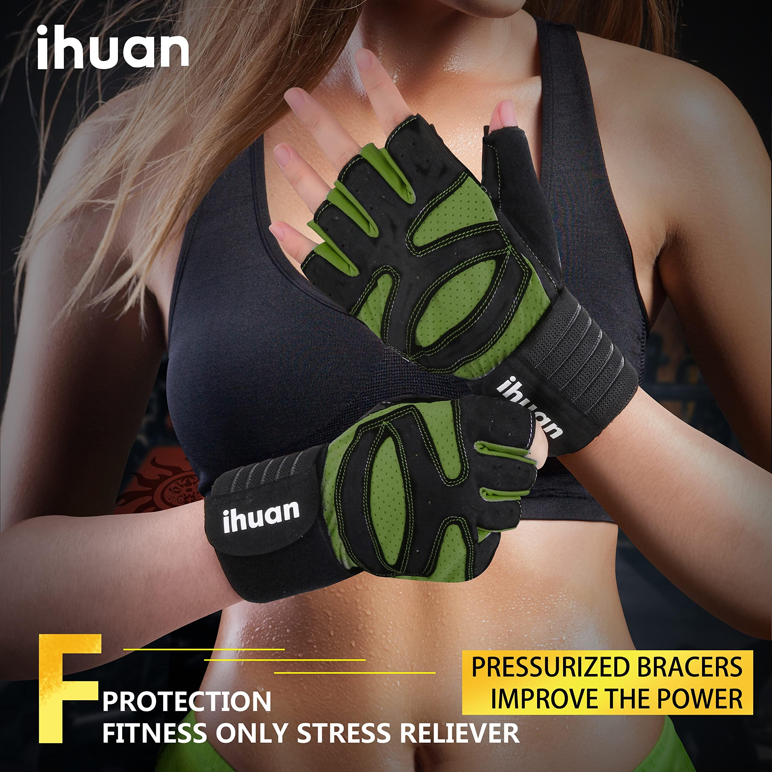 ihuan ihuan Ventilated Weight Lifting Gym Workout Gloves with Wrist Wrap Support for Men & Women, Full Palm Protection, for Weightlifting, Training, Fitness, Hanging, Pull ups (Dark green, M)