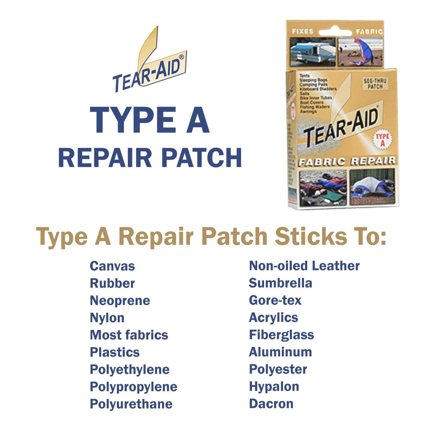 TEAR-AID TEAR-AID Fabric Repair Kit, Type A Clear Patch for Canvas, Fiberglass, Leather, Polyester, Nylon & More, Gold Box, 2 Pack
