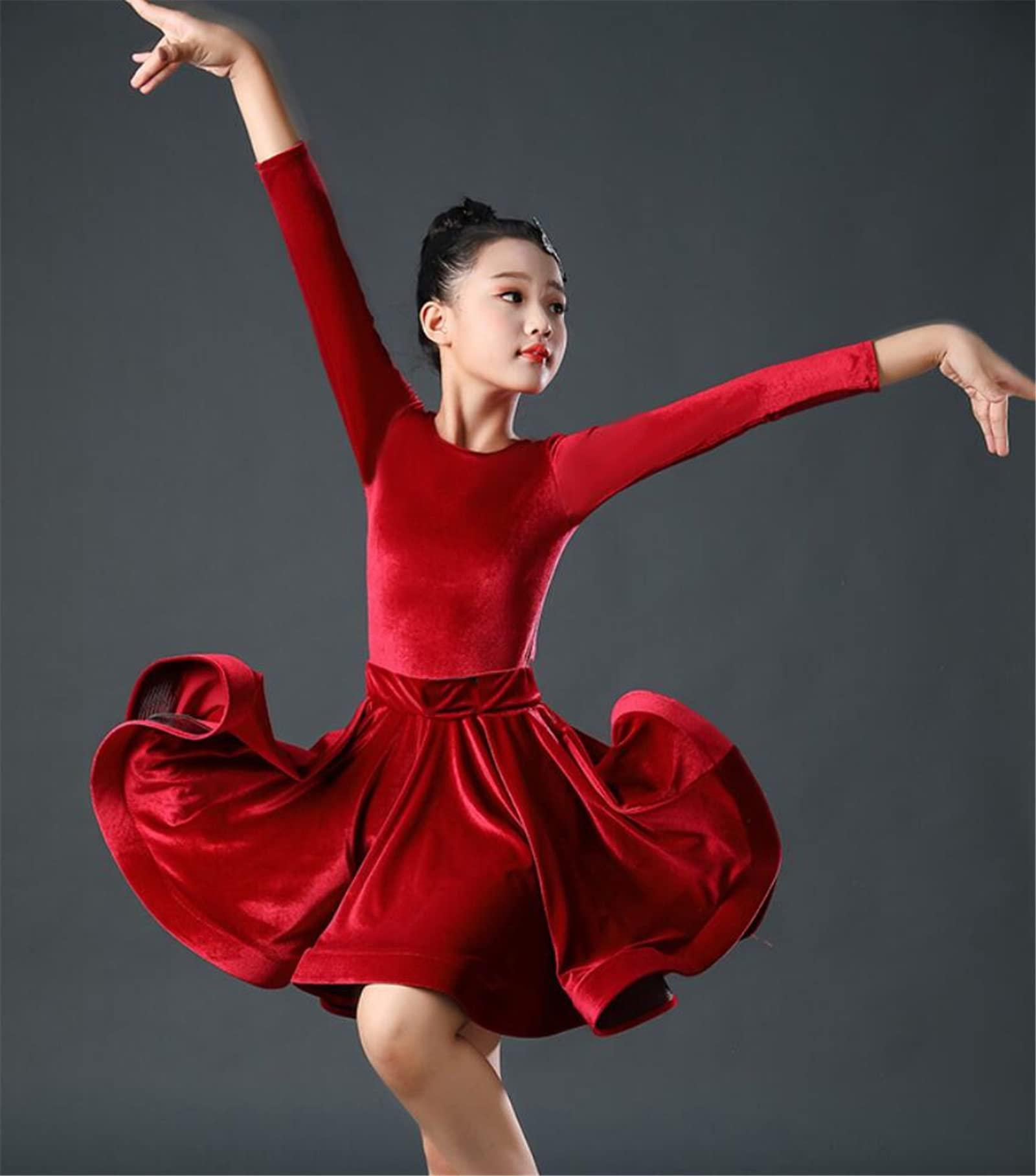 OTMYIGO OTMYIGO Girl Latin Dance Dress Tango Salsa Dancewear Dress Ballroom Competition Party Stage Performance Practice Costumes,Red,M