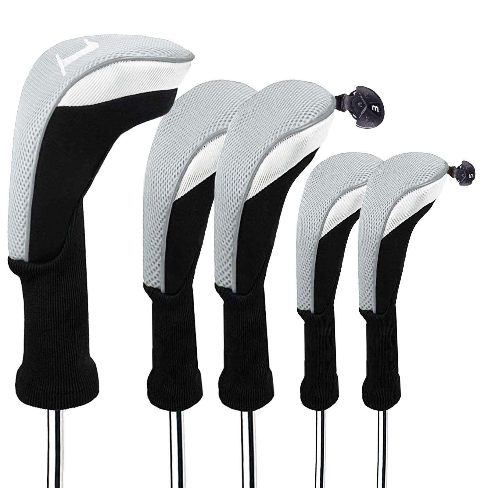 FINGER TEN FINGER TEN Golf Club Head Covers Woods Driver Fairway Hybrid 3/4/5 Set, Headcovers Men 1 3 5 7 X Interchangeable Number Tag, Fit All Wood Clubs (Gray-1 Driver&2 Fairway&2 Hybrid)