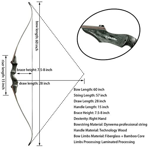 Obert Obert Black Hunter 60 Inch Archery Takedown Recurve Bow Set 20-60lbs Right Hand Bamboo Core Limb (55lbs)