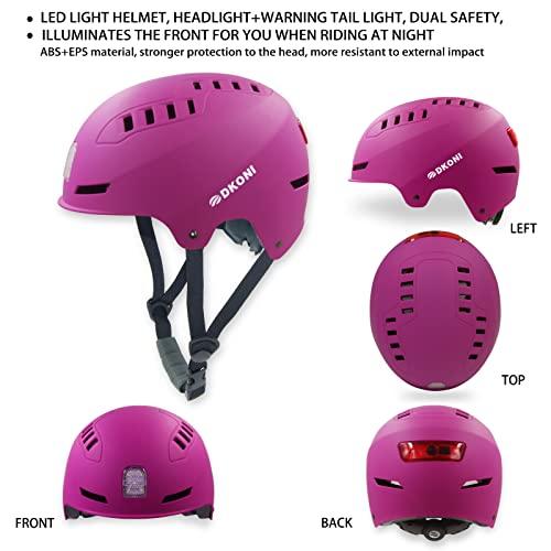 DKONI DKONI Bike Helmet with LED Lights Bicycle Helmets USB Rechargeable Front & Back LED Light Adult Cycling Helmet for Urban Commuter (Medium, Pink)