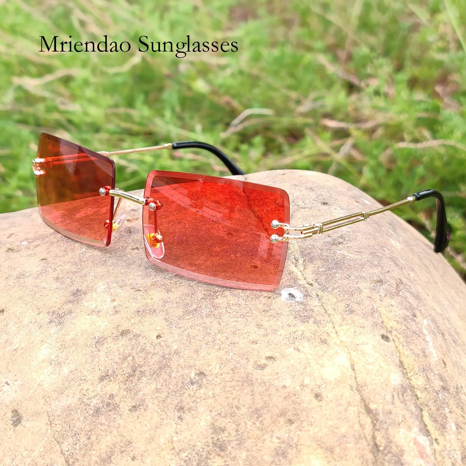 Mriendao Mriendao Red Sunglasses for Women Men Fashion Retro 90s Rimless Rectangle Tinted Sun Glasses Shades UV400