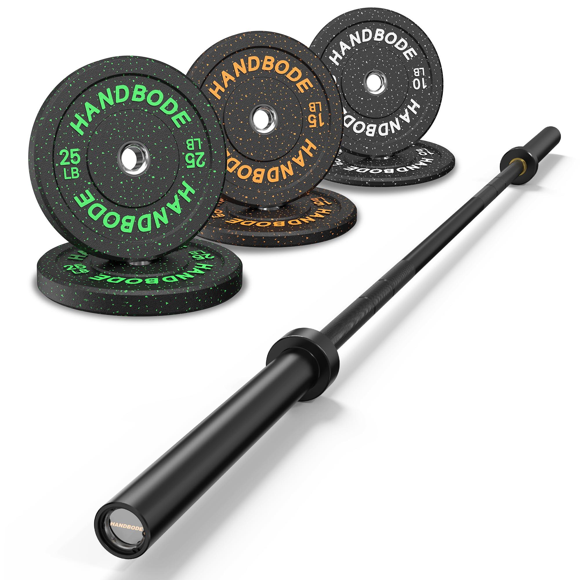 HANDBODE HANDBODE Bumper Plates High-Bounce Olympic Weight Plates, Colored crumb rubber plate for Weight Lifting and Strength Training 100LB with 45 lb (20 kg) Black Barbell