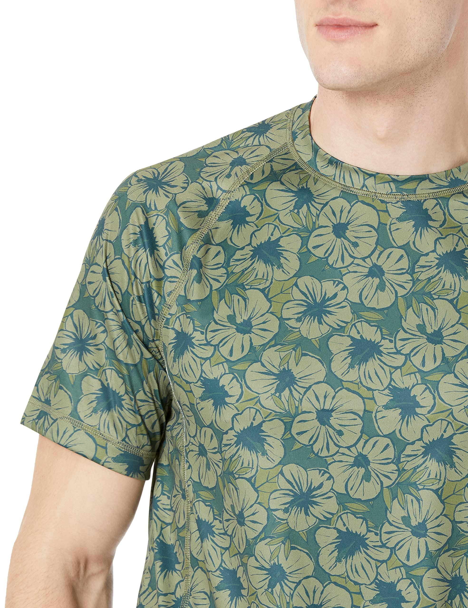 Amazon Essentials Amazon Essentials Men's Slim-Fit Short-Sleeve Quick-Dry UPF 50 Swim Tee, Olive Hibiscus Flower, X-Small