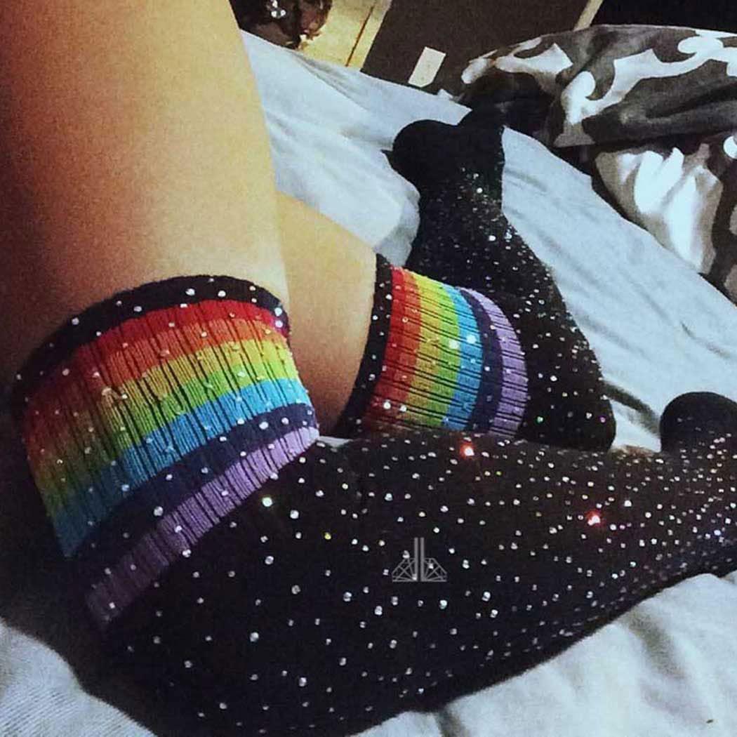 Jerany Jerany BlingBling Rhinestone Over Knee Stockings Warm Cotton Thigh-High Socks Colorful Striped and Black Stockings Cheerleader Winter Long Socks for Women and Girls