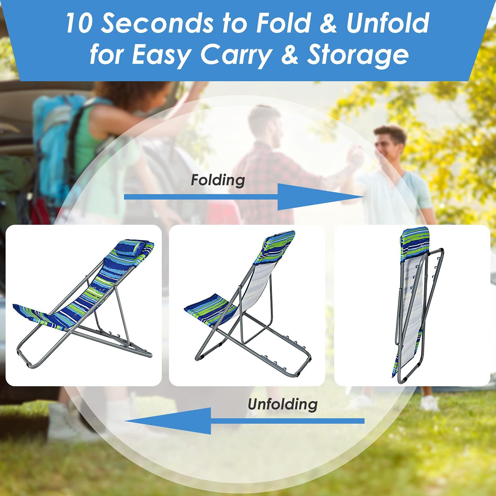 Giantex Giantex Beach Chair for Adults Camping Chair Set, Sunbathing Backpack Folding Recliner with 3 Adjustable Position, Lockable System, Headrest, Non-Slip Foot Pads, Lightweight Sand Chair (2, Blue)